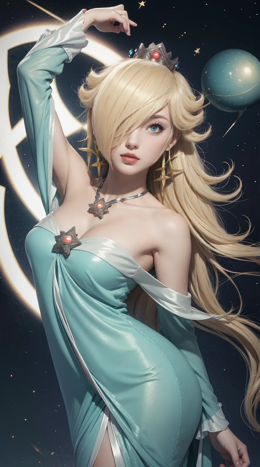 25-year-old Caucasian woman、ash blonde、blue eyess、Semi-long、setting hair、I'm tying my hair、My hair is wavy、Slender but thin macho、accessories on the wrist、wearing a chain necklace、Beautiful breasts、a smile、I need space above my head、Wearing a high-leg retard、Wearing heels、Rosalina