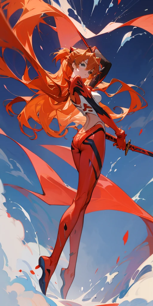 anime girl with long hair，Holding a sword in hand, asuka, asuka langley sohryu, asuka langley, Asuka Langley Soryu, asuka suit under clothes!, asuka langley souryuu, full body zenkai! asuka suit, beautiful asuka from evangelion, portrait of asuka langley soryu, Zerotwo