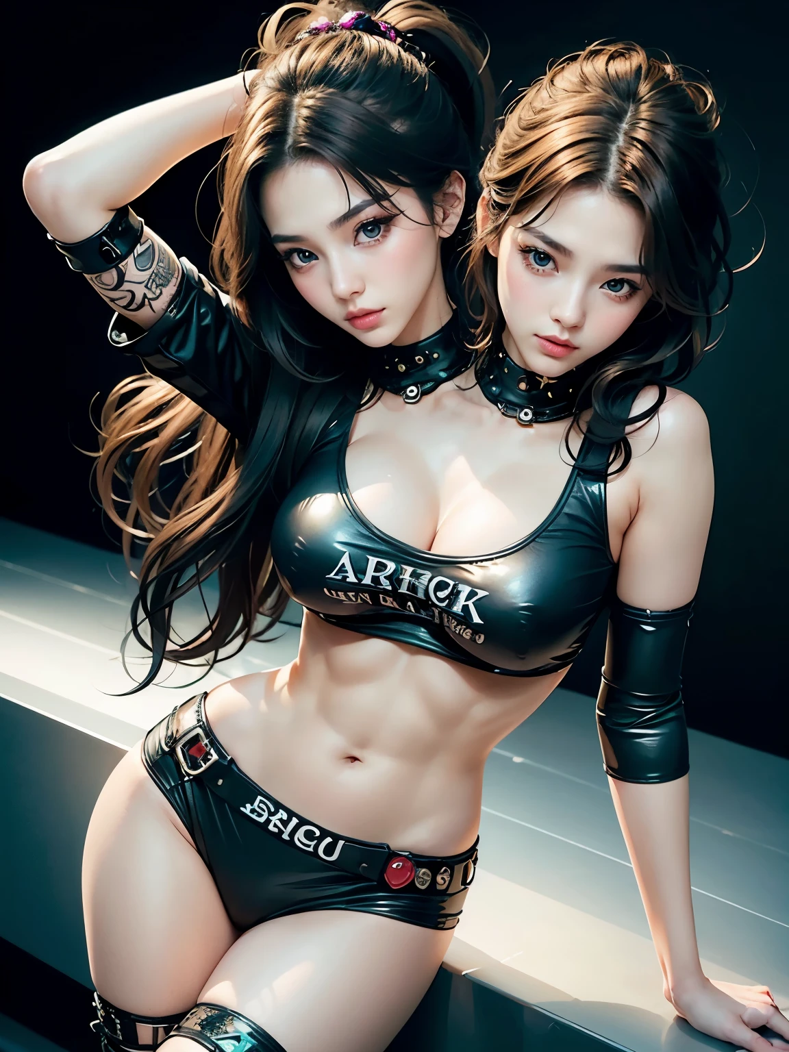 bestresolution, (2heads:1.2), ((highest quality)),(ultra high resolution),(Super detailed),(detailed description),((best CG)),(best work of art),super precision art,great drawing art,(Modern art with precise details:1.5), (1 woman:1.6), korean, asian, young asian women, beautiful and well-shaped face:1.6,makeup:1.3, extremely long hair, two-toned hair,((Punk fashion))