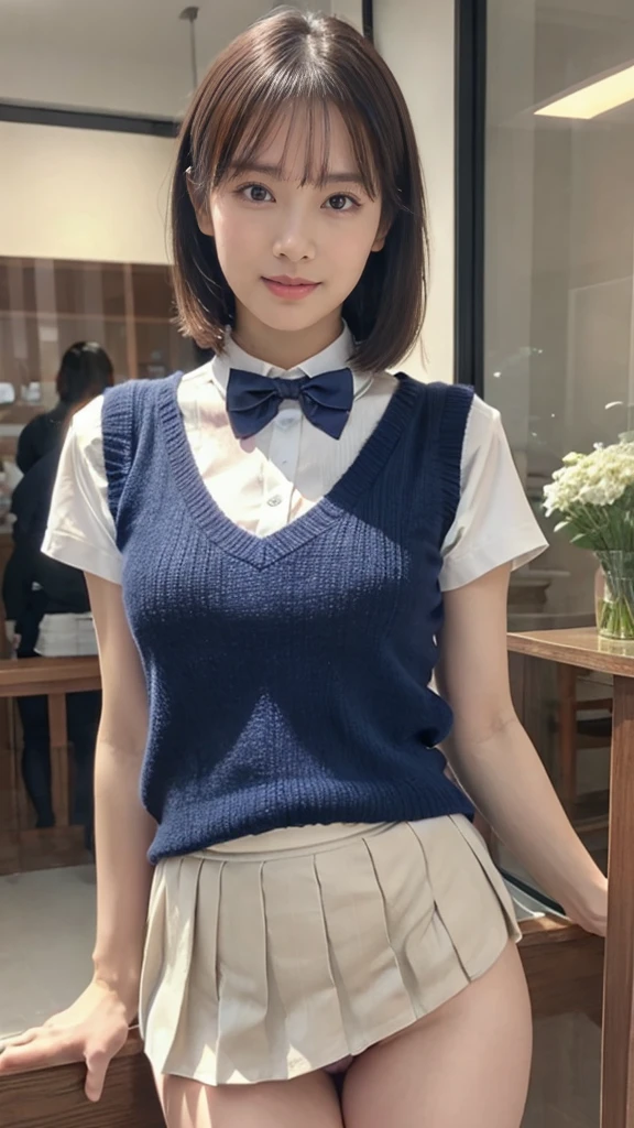 (masterpiece:1.2, highest quality), (realistic, photorealistic:1.4), beautiful illustrations, (natural side lighting, movie lighting), Depth of written boundary,
looking at the viewer, Front view, 1 girl, English, high school girl, 18 years old, perfect face, Cute symmetrical face, shiny skin, open legs,
(bob hair:1.7,blonde), asymmetrical bangs, Big eyes, droopy eyes, long eyelashes chest), thin,
beautiful hair, beautiful face, fine and beautiful eyes, beautiful clavicle, beautiful body, beautiful breasts, beautiful thighs, beautiful feet, beautiful fingers,
((fine fabric texture, brown knit vest, short sleeve white collar shirt, navy pleated skirt, Navy bow tie)),
(beautiful scenery), evening, (Inside the flower shop), Are standing, (smile, Upper grade, open your mouth), (((skirt lift, No panties, genitals visible))), full body shot, dark blue socks,