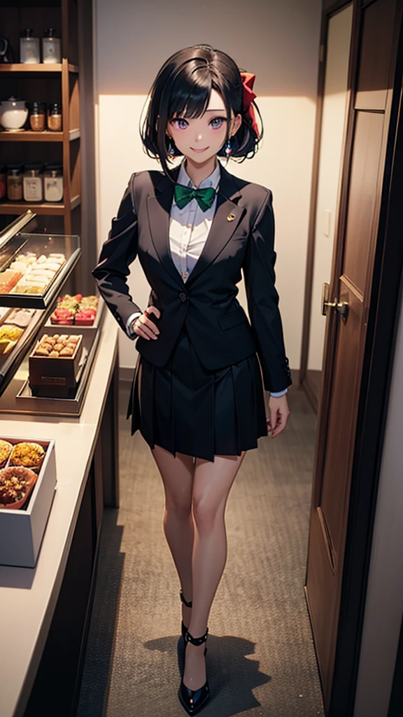 (最高masterpiece, highest quality,official art),(attractive woman),((masterpiece, highest quality))、 woman alone、((28 years old))、Head to knee、attractive woman、smile、purple eyes、black hair、Half-up hairstyle、black suit、black long skirt、A bow tie、Emerald green stone in the center of the tie、Are standing、 coffee shop、aerial perspective、great illustrations、Light、Light、Light、