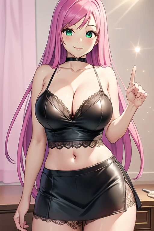 1 girl, 19 years old, Long pink hair, green eyes with slit pupils, master-piece, best quality, (standing up), (hot pink lace camisole top, leather pencil skirt, cleavage), (Big , ultra gigantic , Super super big, Glamorous body), front figure, looking forward, (light_Smile:1.5), (Detailed hands and fingers:1.2), (FULL BODYSHOT), thighs thighs thighs thighs、beauty legs、
