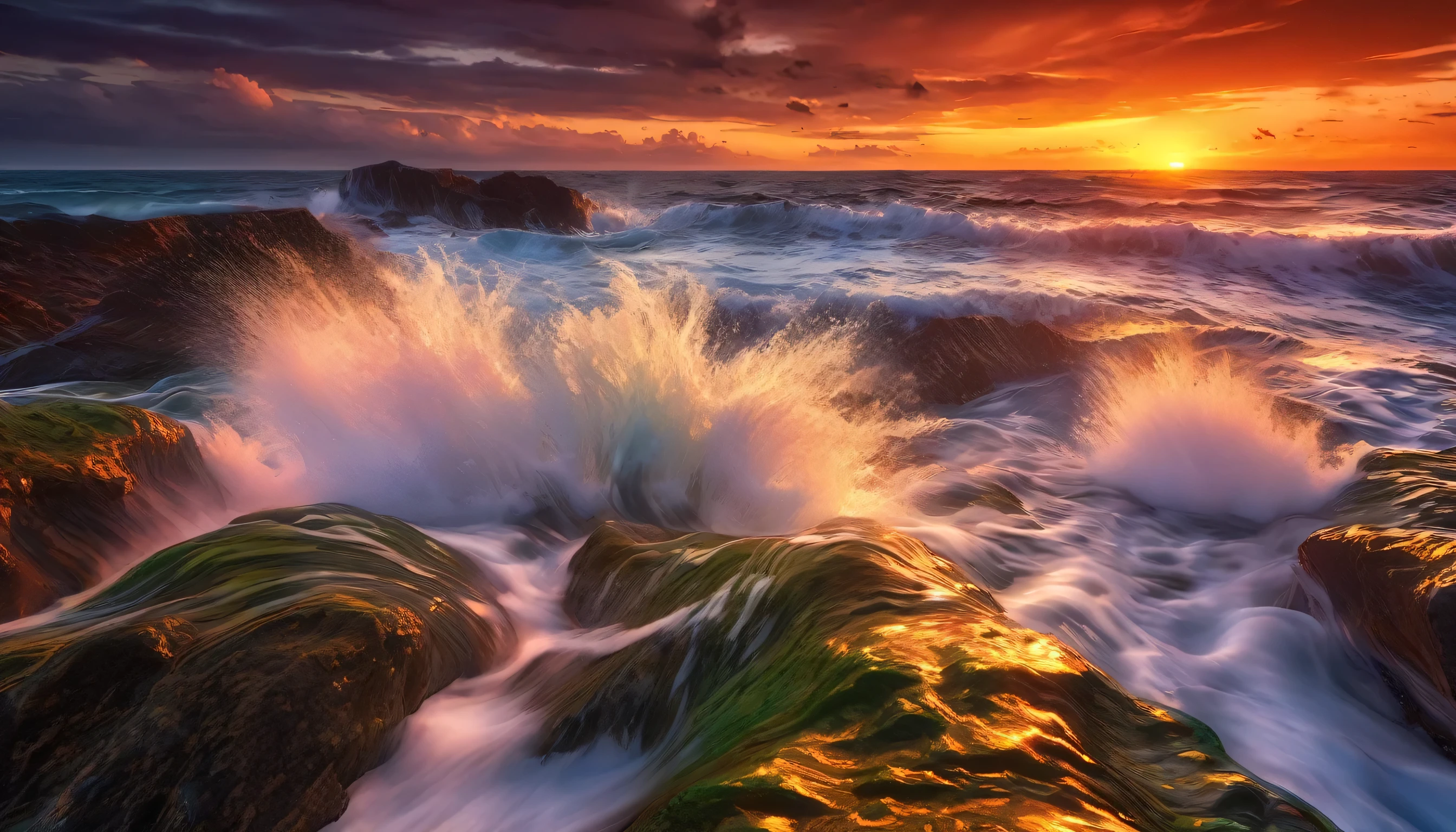 arafed view of a sunset over the ocean with waves crashing, chaotic sea setting, vibrant sunrise, breathtaking colors, breathtaking look, vibrant sunset, breathtaking composition, beautiful sea landscapes, stunning sunset, magnificent background, sunset glow, beautiful background, beautiful dreamy breathtaking, marc adamus, warm beautiful scene, epic sunset, beautiful sunset, beautiful sunset glow, beautiful ocean