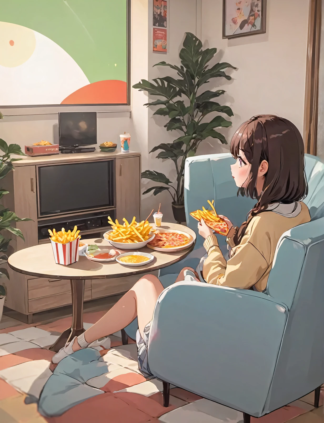 Anime girl sitting in a chair eating and watching TV, Eating French fries and watching TV, lofi girl, Relaxation concept art, anime food, Eat Pizza, Slice of life anime, anime pictures, Lofi art style, lofi girl aesthetic, in anime style, anime background, anime style 4 k, anime background art, anime style. 8K, in an anime style