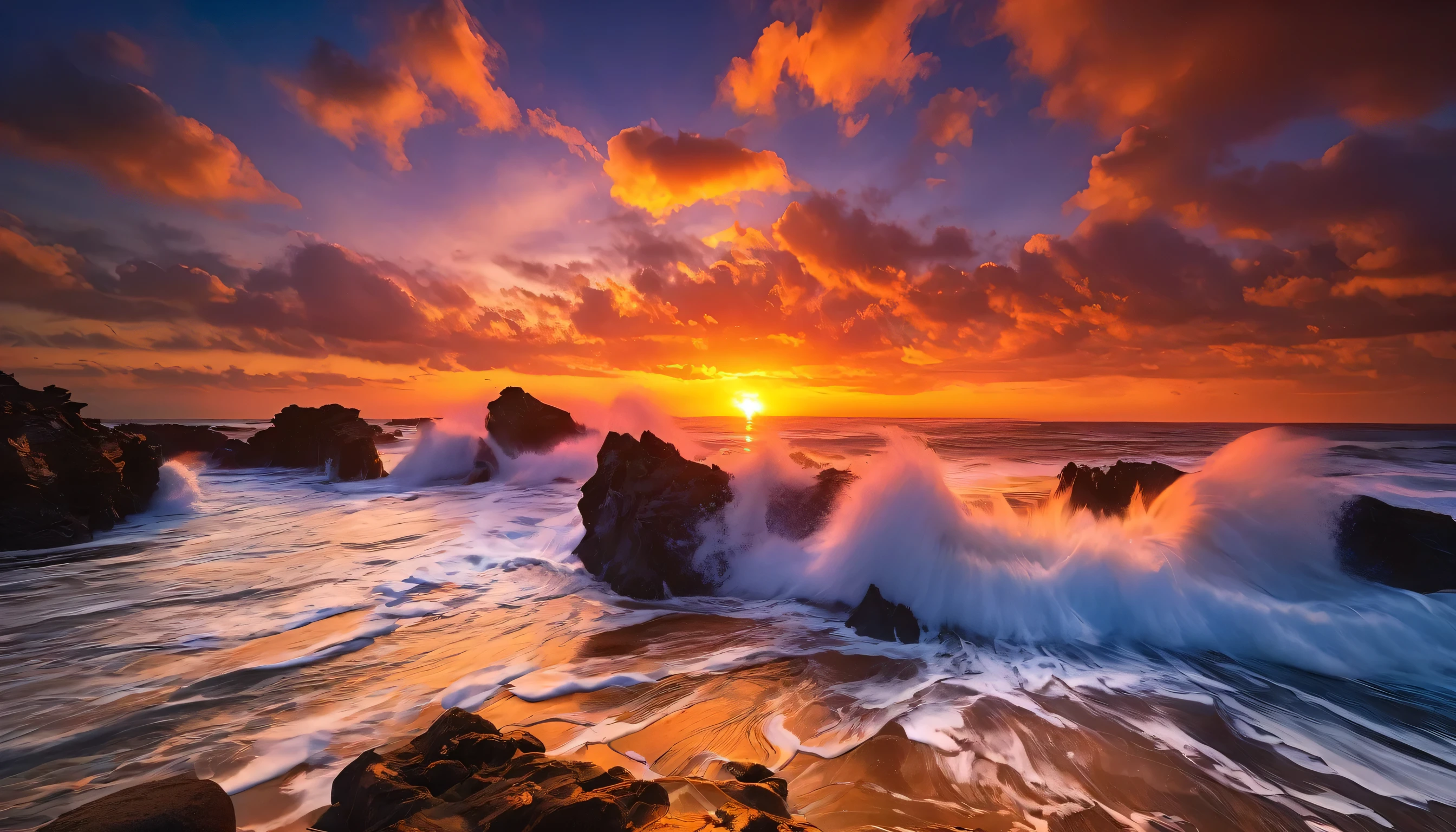 arafed view of a sunset over the ocean with waves crashing, chaotic sea setting, vibrant sunrise, breathtaking colors, breathtaking look, vibrant sunset, breathtaking composition, beautiful sea landscapes, stunning sunset, magnificent background, sunset glow, beautiful background, beautiful dreamy breathtaking, marc adamus, warm beautiful scene, epic sunset, beautiful sunset, beautiful sunset glow, beautiful ocean