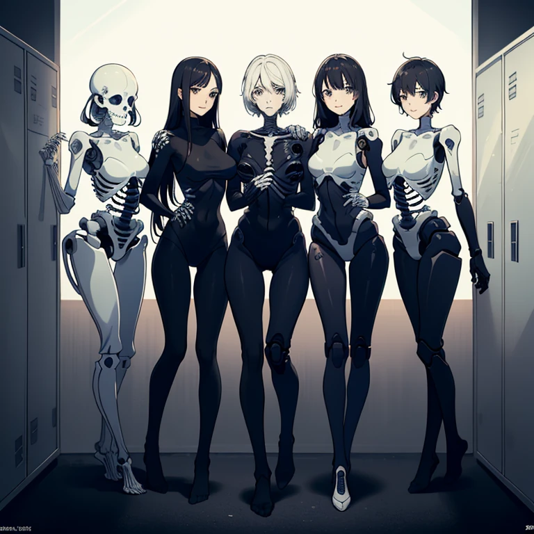 (master piece, high quality),
 (multiple girls),
 ,
 All cyborg women,
 locker room,
 (Dear everyone々Internal skeleton of a shape),
 (All have colorful internal skeletons),
 (All faces are human faces),
 (group selfie),
 wide angle,
 soft light,
 full body shot