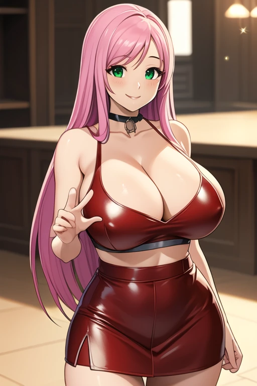 1 girl, 19 years old, Long pink hair, green eyes with slit pupils, master-piece, best quality, (standing up), (red long sleeve v-neck tank top, leather pencil skirt, cleavage), (Big , ultra gigantic , Super super big, Glamorous body), front figure, looking forward, (light_Smile:1.5), (Detailed hands and fingers:1.2), (FULL BODYSHOT), thighs thighs thighs thighs、beauty legs、