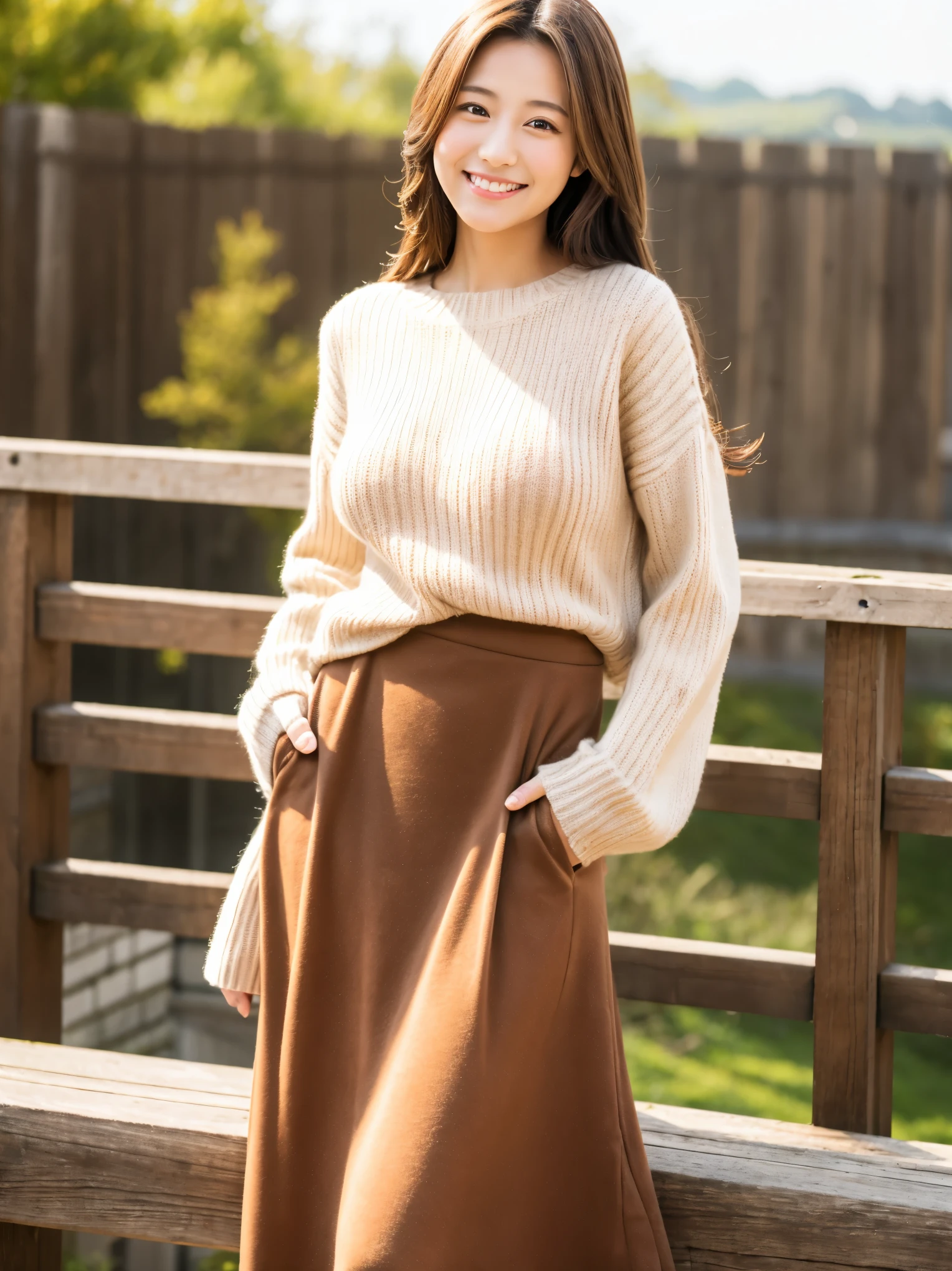 highest quality,best image,Japanese,big breasts,long brown hair,beautiful girl,smile,sweater,Long skirt with slit