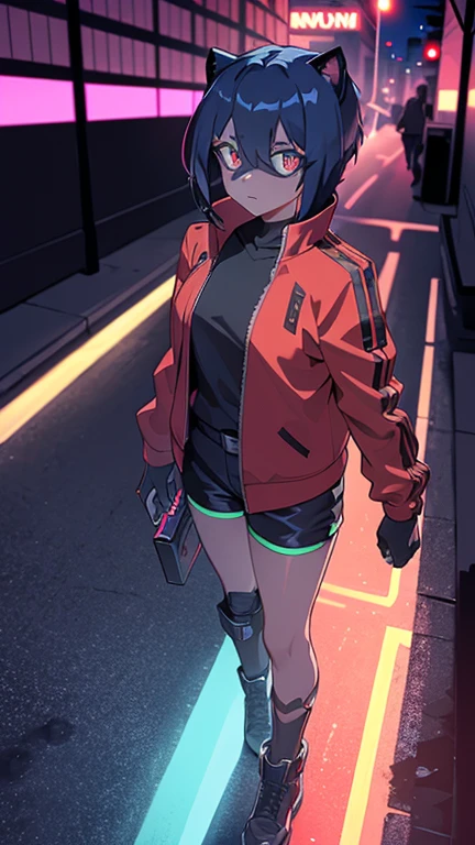 cyberpunk, Schwarz , Rot neon eyes, stilvoll tragen [Schwarz|Rot] Kleidung, steht in einer Stadt, (sonnenuntergang:1.4), Street, fototealistisch , hole body.1.3, 