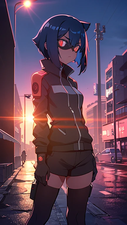 cyberpunk, Schwarz , Rot neon eyes, stilvoll tragen [Schwarz|Rot] Kleidung, steht in einer Stadt, (sonnenuntergang:1.4), Street, fototealistisch , hole body.1.3, 