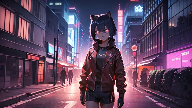 cyberpunk, Schwarz , Rot neon eyes, stilvoll tragen [Schwarz|Rot] Kleidung, steht in einer Stadt, (sonnenuntergang:1.4), Street, fototealistisch , hole body.1.3