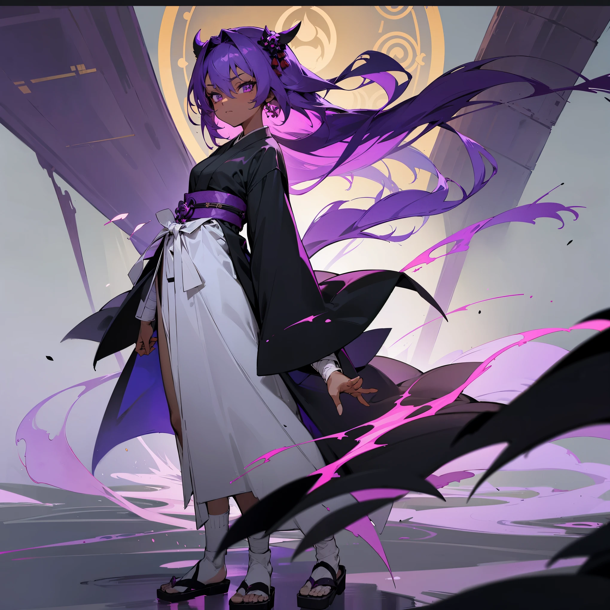 1female , Dark Skin , Bright Purple Hair , Purple Eyes , Black Robes , White Sash Belt , Japanese , Socks with Sandals, Bandaged Arms , Temple Background , Adult , Standing on path