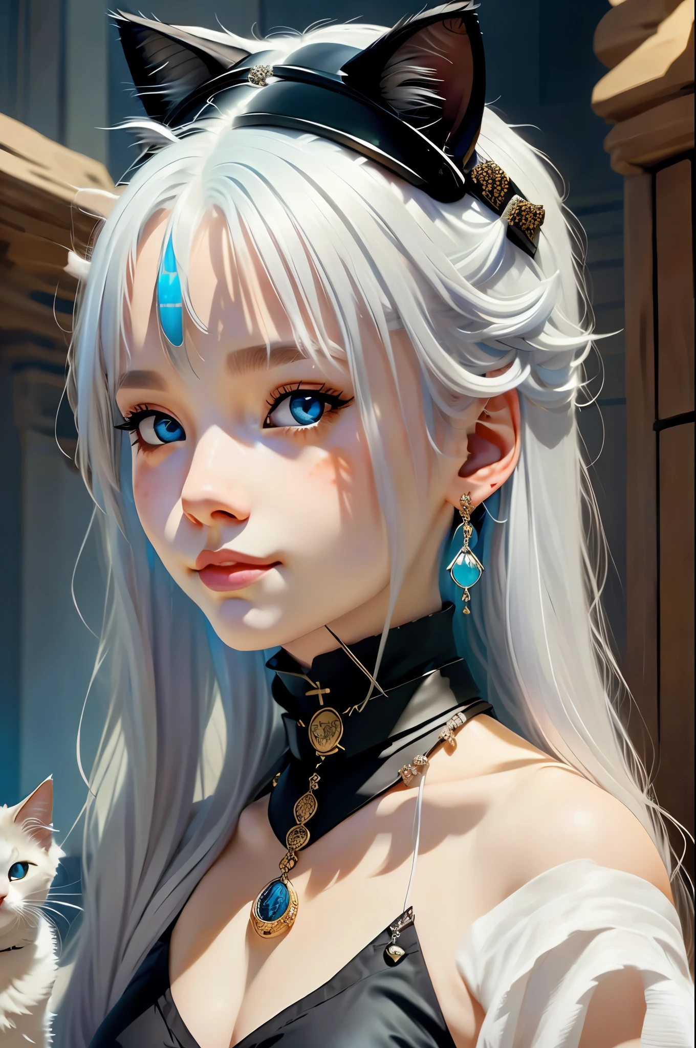 1girl, solo, long hair, smile, blue eyes, jewelry, closed mouth, white hair, earrings, choker, lips, animal, black choker, cat, looking up, portrait, freckles, on head, animal on head, cat on head
