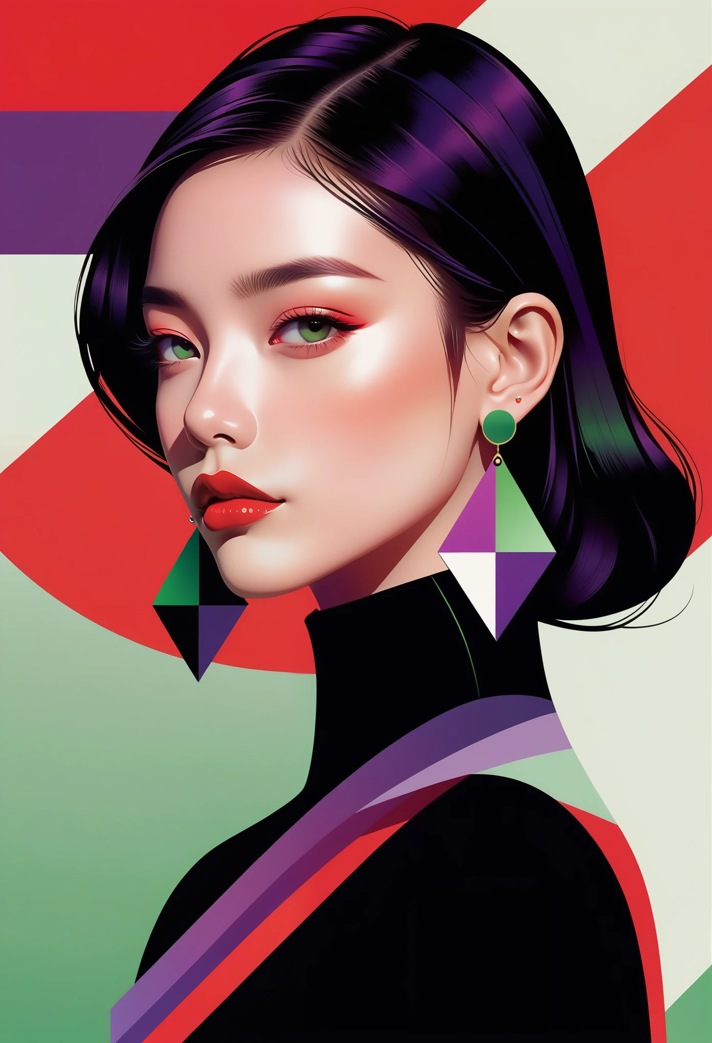 (((vector，flat form style，illustration，数字艺术illustration)))，1 girl，Unique，pretty face，earrings，portrait，Shoulder，Black high neck，Geometric gradients，gradient lines，artistic conception，Abstract，Minimalism，minimalist lines，portrait，purples and greens，Rhythmic lines，1girl,earrings,flag background,jewelry,red background,red umbrella,solo,minimalist art nouveau style,Illustration style