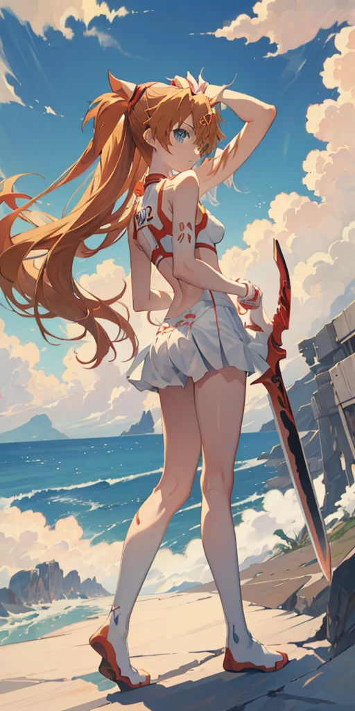 anime girl with long hair，Holding a sword in hand, asuka, asuka langley sohryu, asuka langley, Asuka Langley Soryu, asuka suit under clothes!, asuka langley souryuu, full body zenkai! asuka suit, beautiful asuka from evangelion, portrait of asuka langley soryu, Zerotwo