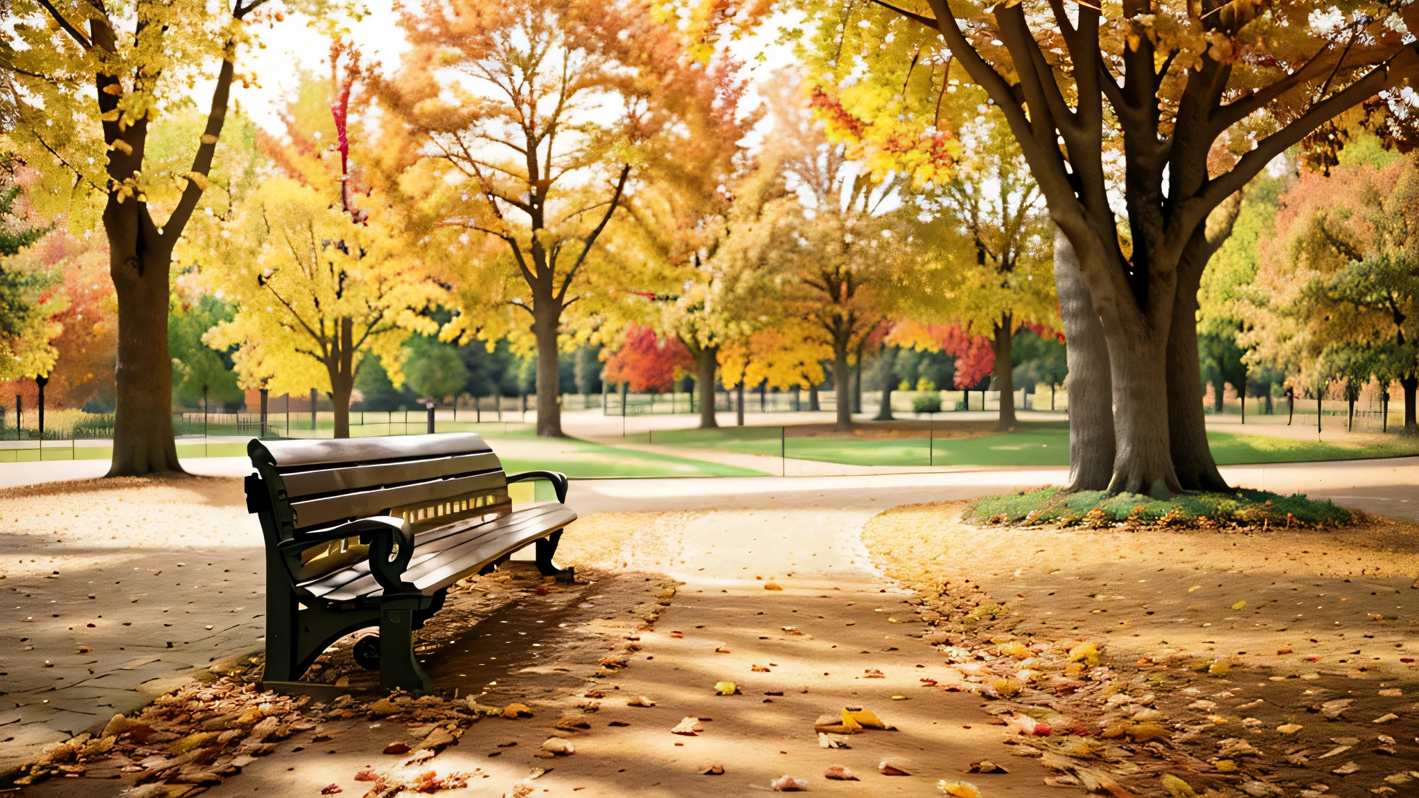 there is a bench that is sitting in the middle of a park, autumn season, autumn, during autumn, autumnal, autum, fall season, hello, autumn! colors, in autumn, in the autumn, autumn background, fall, autum garden, hd wallpaper, beautiful high resolution, autumn leaves falling, beginning of autumn, header