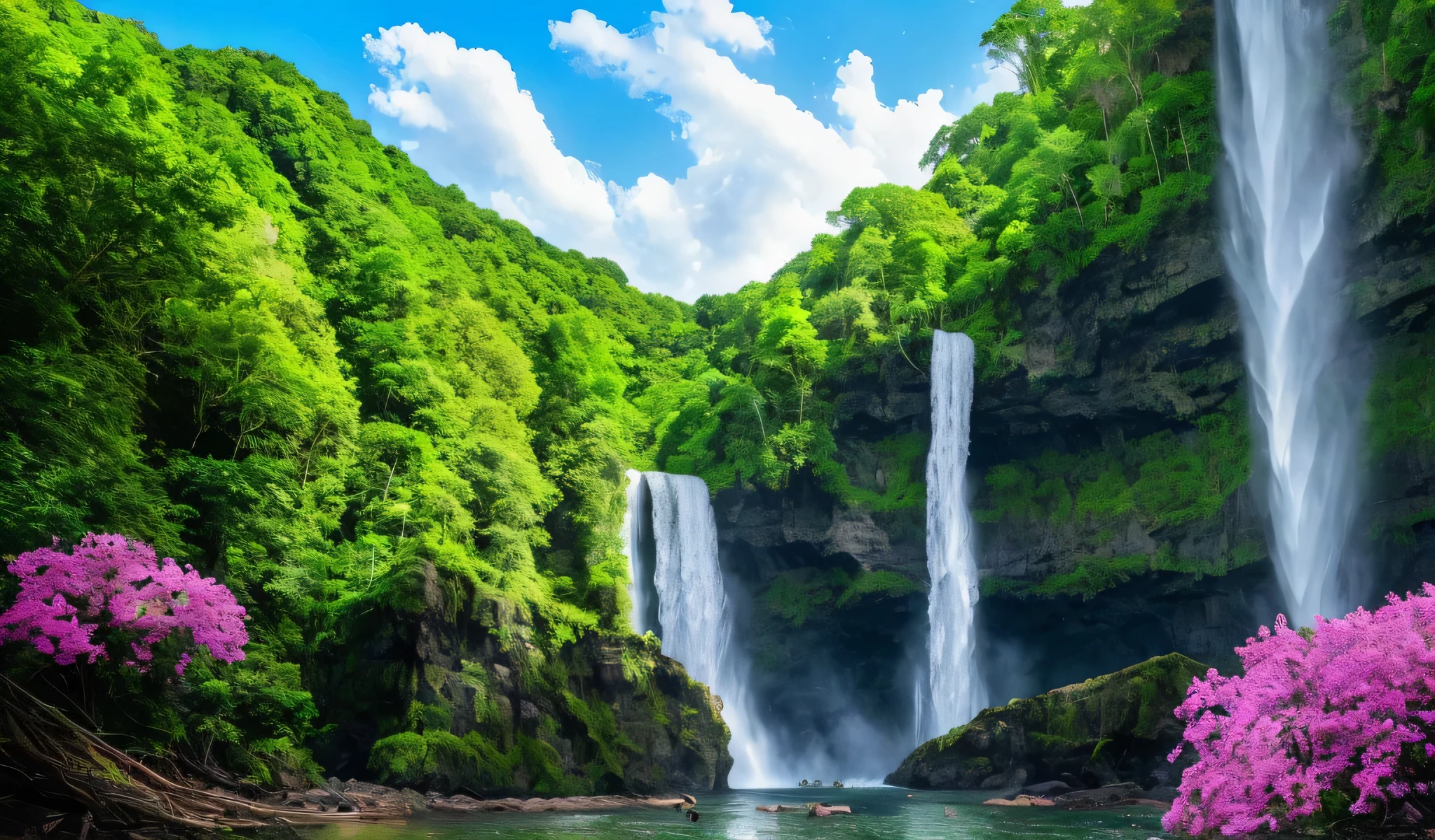 a large waterfall is in the middle of a lush green forest, stunning nature in background, with trees and waterfalls, scenic colorful environment, flowers and waterfalls, beautiful place, natural landscape beauty, waterfalls and lakes, really beautiful nature, nature in all its beauty, beatiful backgrounds, beautiful nature, extraordinary colorful landscape, a beautiful landscape, lakes and waterfalls