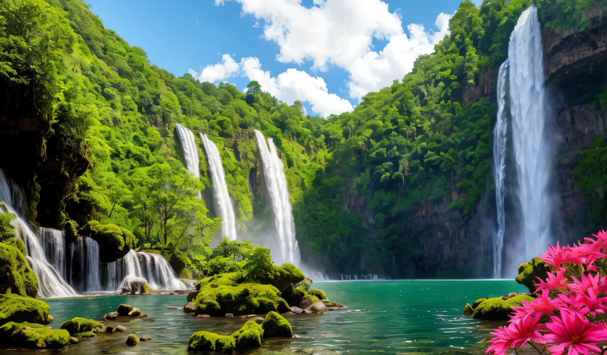 a large waterfall is in the middle of a lush green forest, stunning nature in background, with trees and waterfalls, scenic colorful environment, flowers and waterfalls, beautiful place, natural landscape beauty, waterfalls and lakes, really beautiful nature, nature in all its beauty, beatiful backgrounds, beautiful nature, extraordinary colorful landscape, a beautiful landscape, lakes and waterfalls