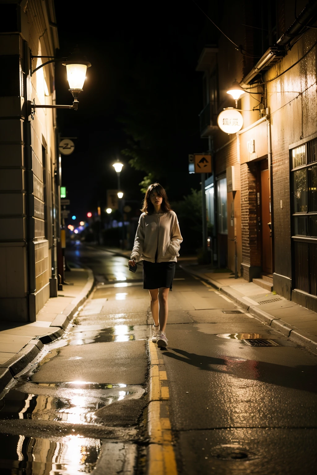 night,road,Yellowed street lights,Girl walking under the street light
