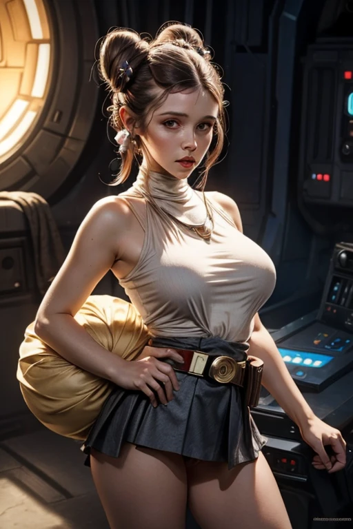 (Realistic), (highly detailed), uhd, Princess Leia without panties under short skirt, breast sheer top, (Her hair is twisted into two large, circular buns positioned over her ears.), detailed body, expressive eyes, silver belt, Starwars world
