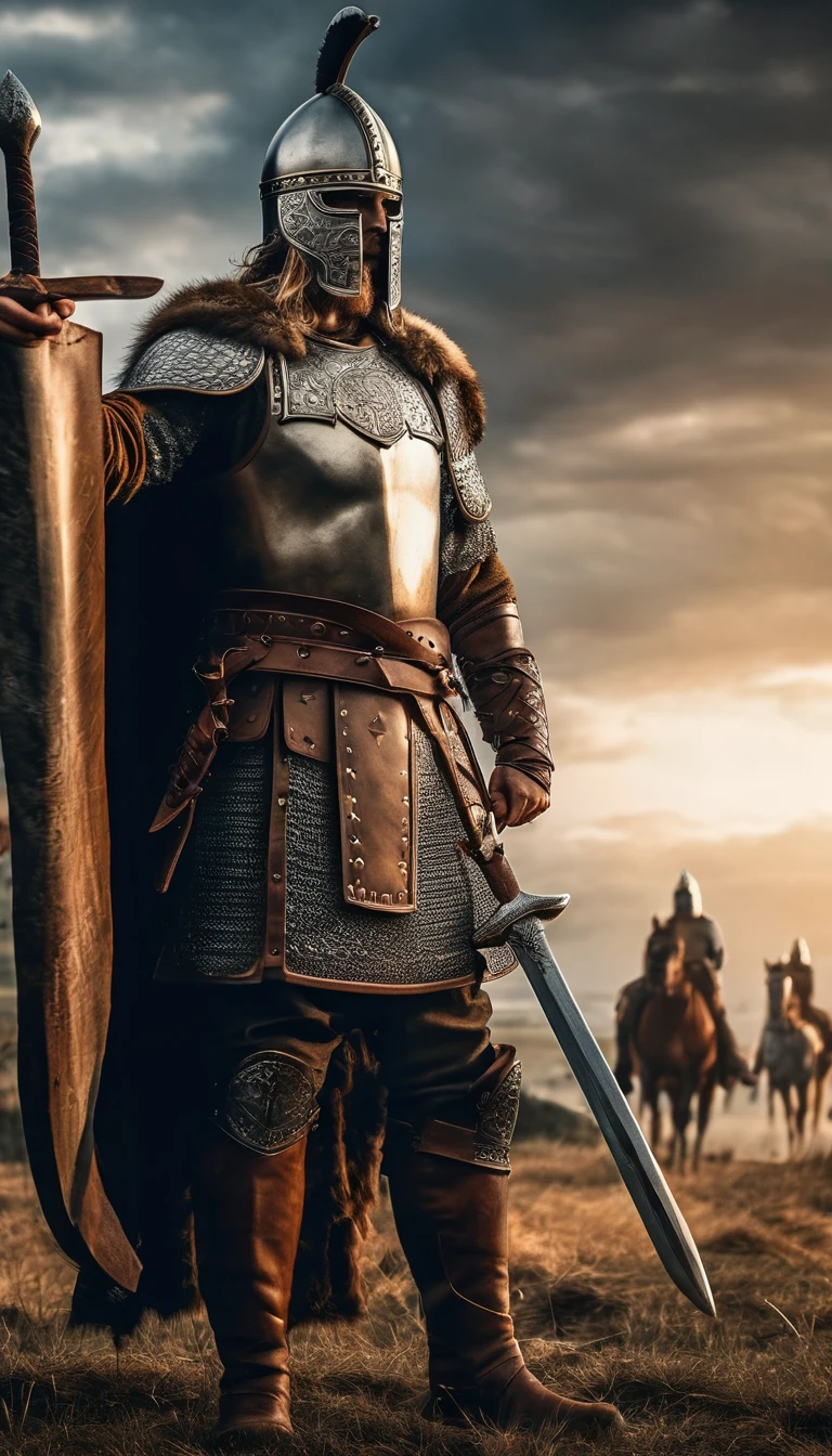 Arafed man in armor standing in front of a line of soldiers, VIQUINGUES, Cultura Viking, guerreiro Viking, Guerreiro Viking antigo, an epic viking battle scene, viking and templar aesthetics, estilo Viking, norse warrior, armadura Viking, epic viking king, traje Viking, wearing norse armor, armadura Viking detalhada, Viking, Rei Viking, usando roupas VIQUINGUES, (best quality, ultra-detailed, realistic: 1.37), golden hues, evening sunlight, dramatic shadows, courageous poses, historical accuracy, war art, intense lighting, epic realistic, Soft cinematic portrait, adobe lightroom, photographic lab, altamente detalhado, desbotado, (cores neutras: 1,2), (hdr: 1,4) , (cores suaves:1.2), hiperdetalhado, (artstation:1.4), cinemactic, luzes quentes, dramatic light, (detalhes intrincados:1.1), fundo complexo, (rutkowski:0.66), (azul e laranja:0.4), 8K