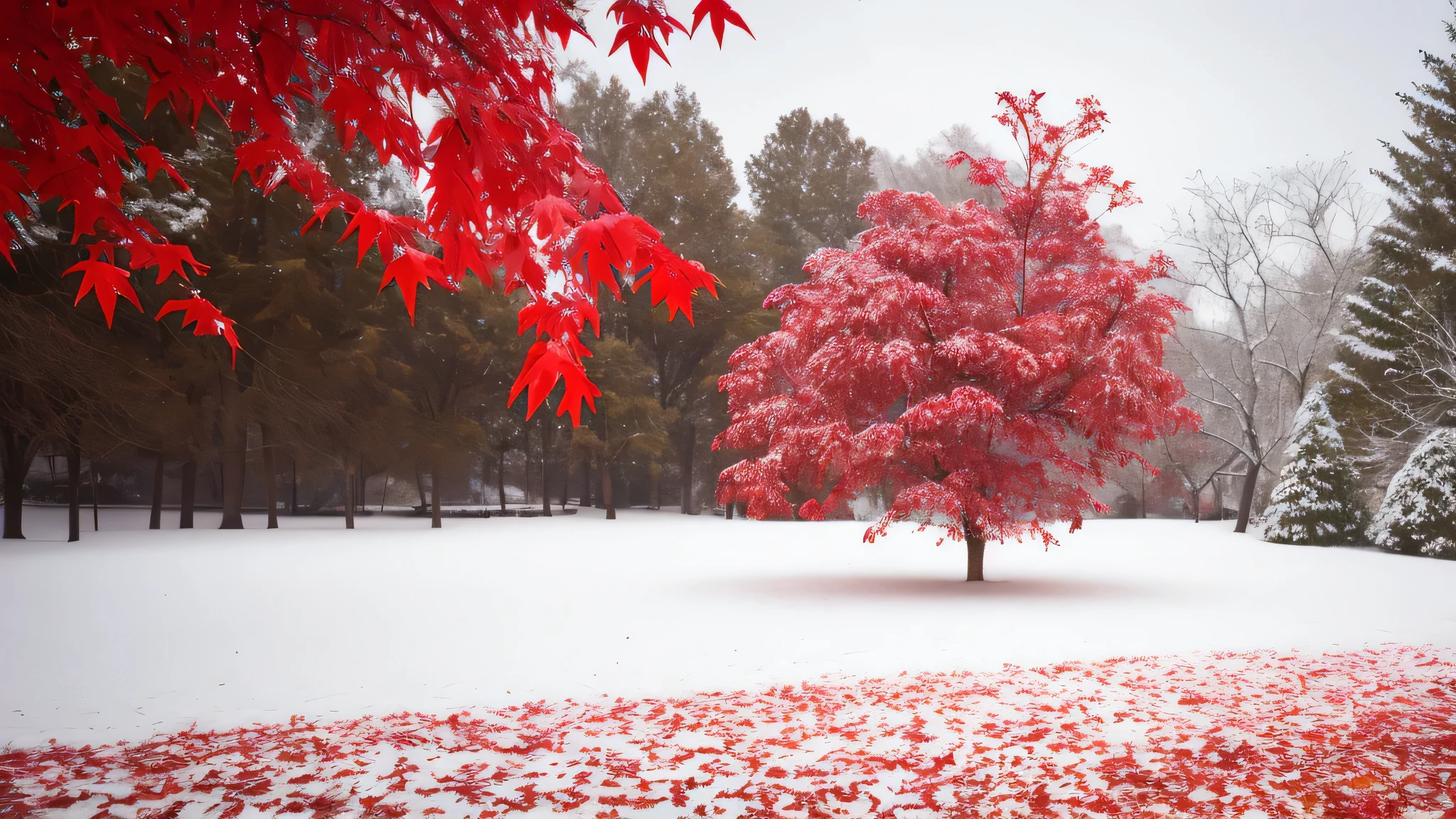 snowy scene of a tree with red leaves in the foreground, with snow covered colourful red, beautiful wallpaper, magical leafs falling, red and white colors, dusting of snow, autumn season, red leaves, maple tree, canadian maple leaves, red trees, red leaves on the ground, blood red leaves, very beautiful photo, gentle snow, red and white color theme