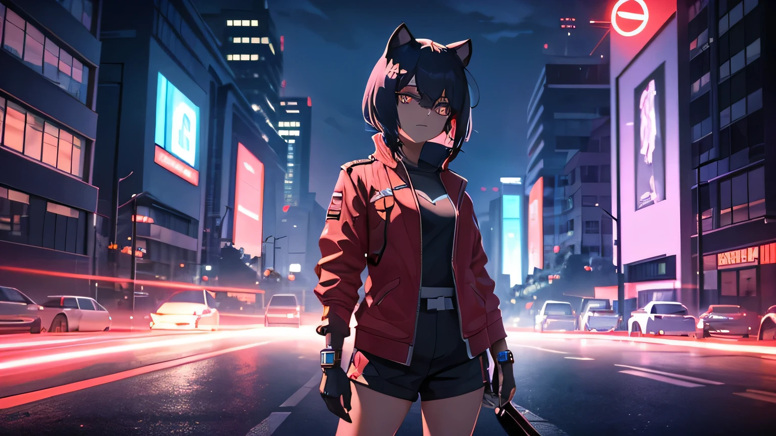 cyberpunk, Schwarz , Rot neon eyes, stilvoll tragen [Schwarz|Rot] Kleidung, steht in einer Stadt, (sonnenuntergang:1.4), Street, fototealistisch , hole body.1.3
