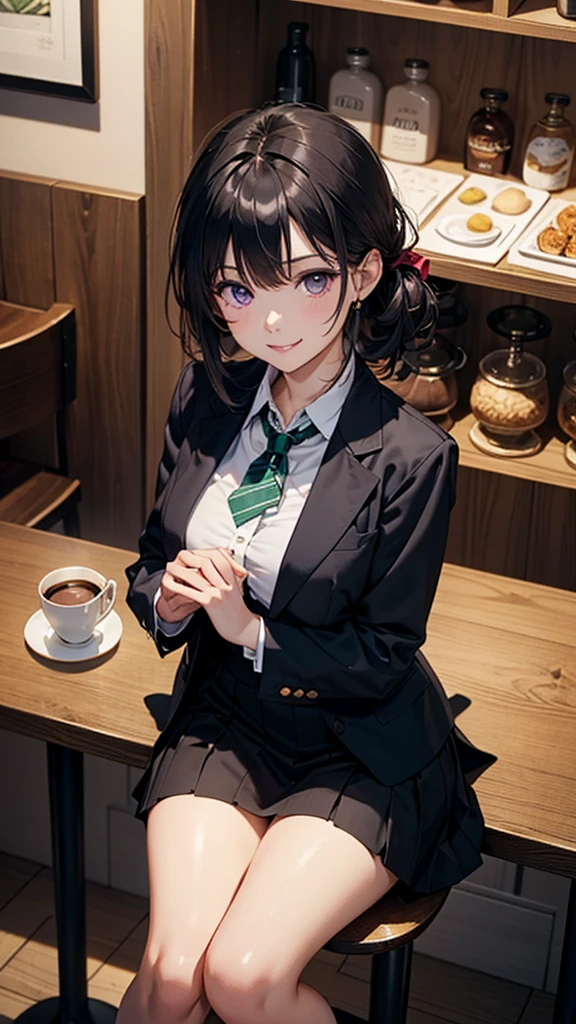 (最高masterpiece, highest quality,official art),(attractive woman),((masterpiece, highest quality))、 woman alone、((28 years old))、((Head to knee))、attractive woman、smile、purple eyes、black hair、bangs、Half-up hairstyle、black suit、black long skirt、A bow tie、Emerald green stone in the center of the tie、 coffee shop、aerial perspective、great illustrations、Light、Light、Light、