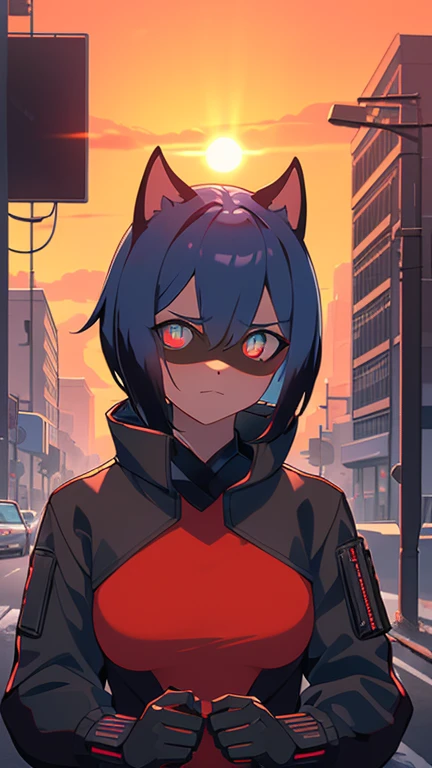 cyberpunk, Schwarz , Rot neon eyes, stilvoll tragen [Schwarz|Rot] Kleidung, steht in einer Stadt, (sonnenuntergang:1.4), Street, fototealistisch , hole body.1.3, 