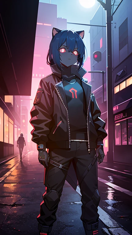 cyberpunk, Schwarz , Rot neon eyes, stilvoll tragen [Schwarz|Rot] Kleidung, steht in einer Stadt, (sonnenuntergang:1.4), Street, fototealistisch , hole body.1.3, 