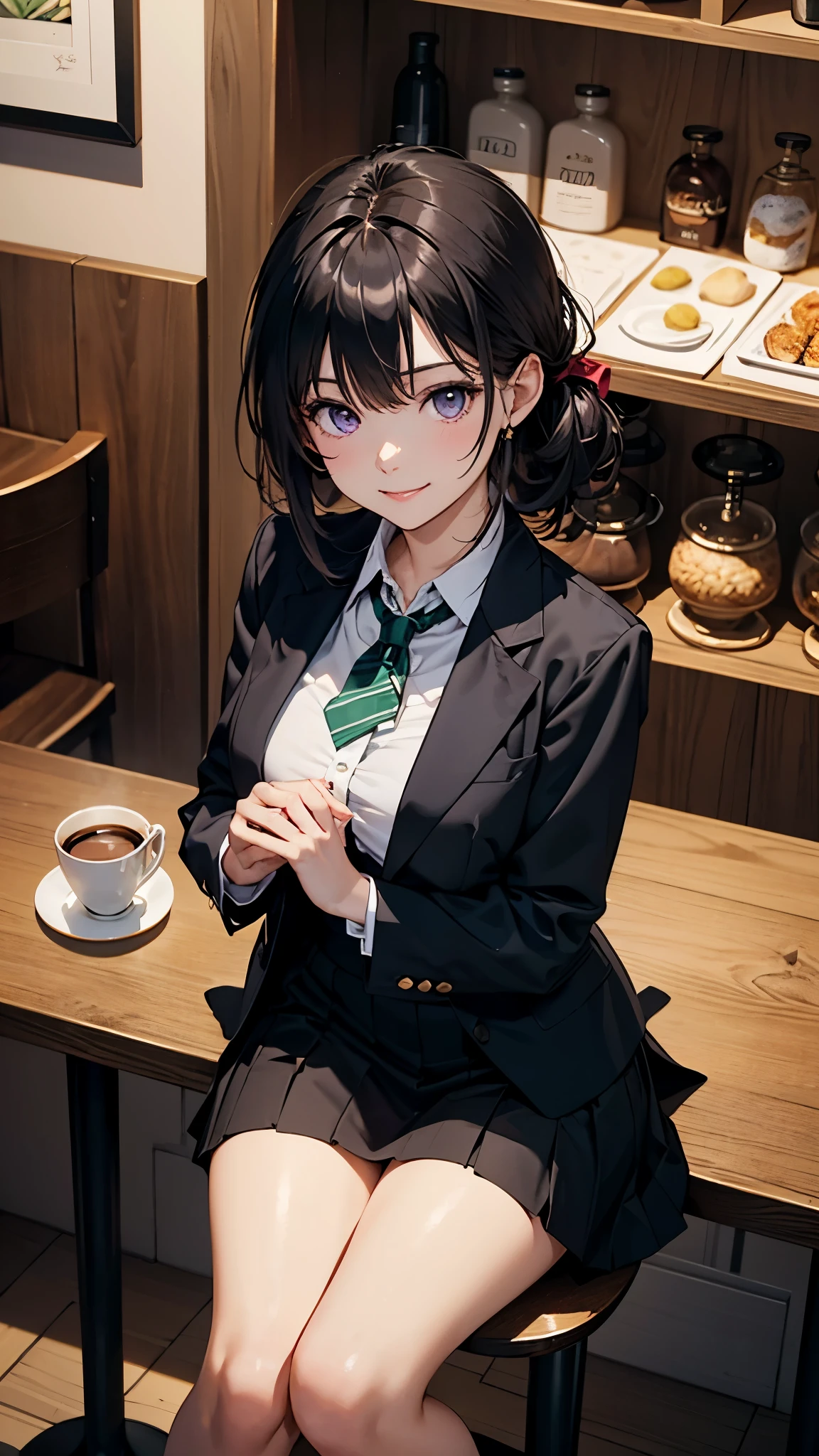 (最高masterpiece, highest quality,official art),(attractive woman),((masterpiece, highest quality))、 woman alone、((28 years old))、((Head to knee))、attractive woman、smile、purple eyes、black hair、bangs、Half-up hairstyle、black suit、black long skirt、A bow tie、Emerald green stone in the center of the tie、 coffee shop、aerial perspective、great illustrations、Light、Light、Light、