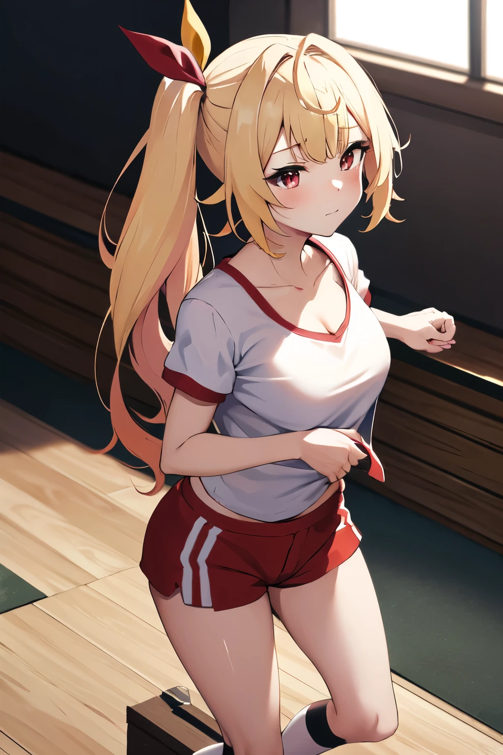 masterpiece, highest quality, High resolution, HS1, red eyes, yellow eyes, side ponytail, ×hair ornament, hair ribbon,Red and white school gym uniform,,Gym suit(short sleeve,Shorts),Locked in the gym storeroom,vaulting box,mat,embarrassing,blush,I am going to cry,overlooking perspective(You can see the cleavage through the gaps in the clothes)