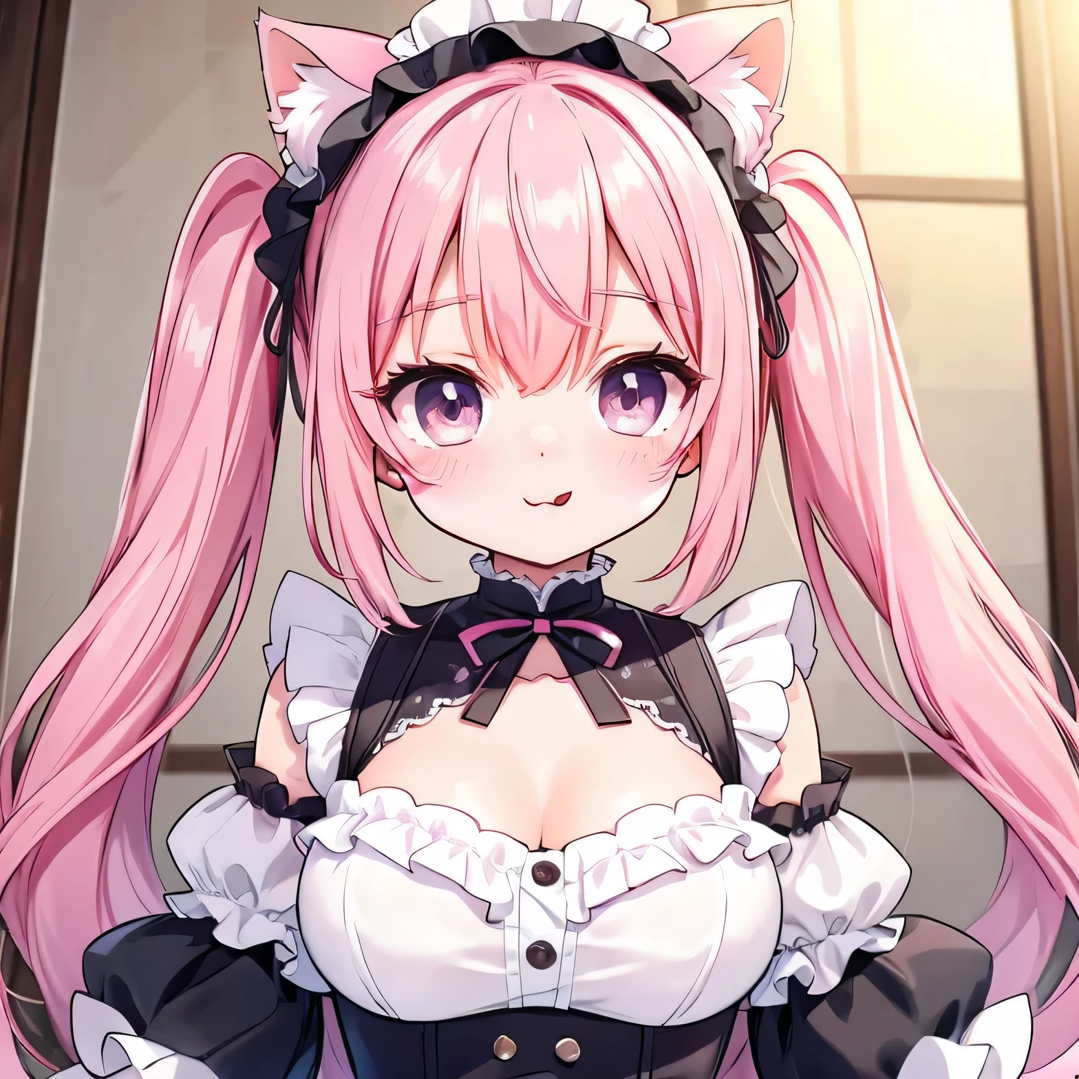 in maid clothes、cute、light pink hair、twin tails、Cat ear、Tongue out、Head to shoulders