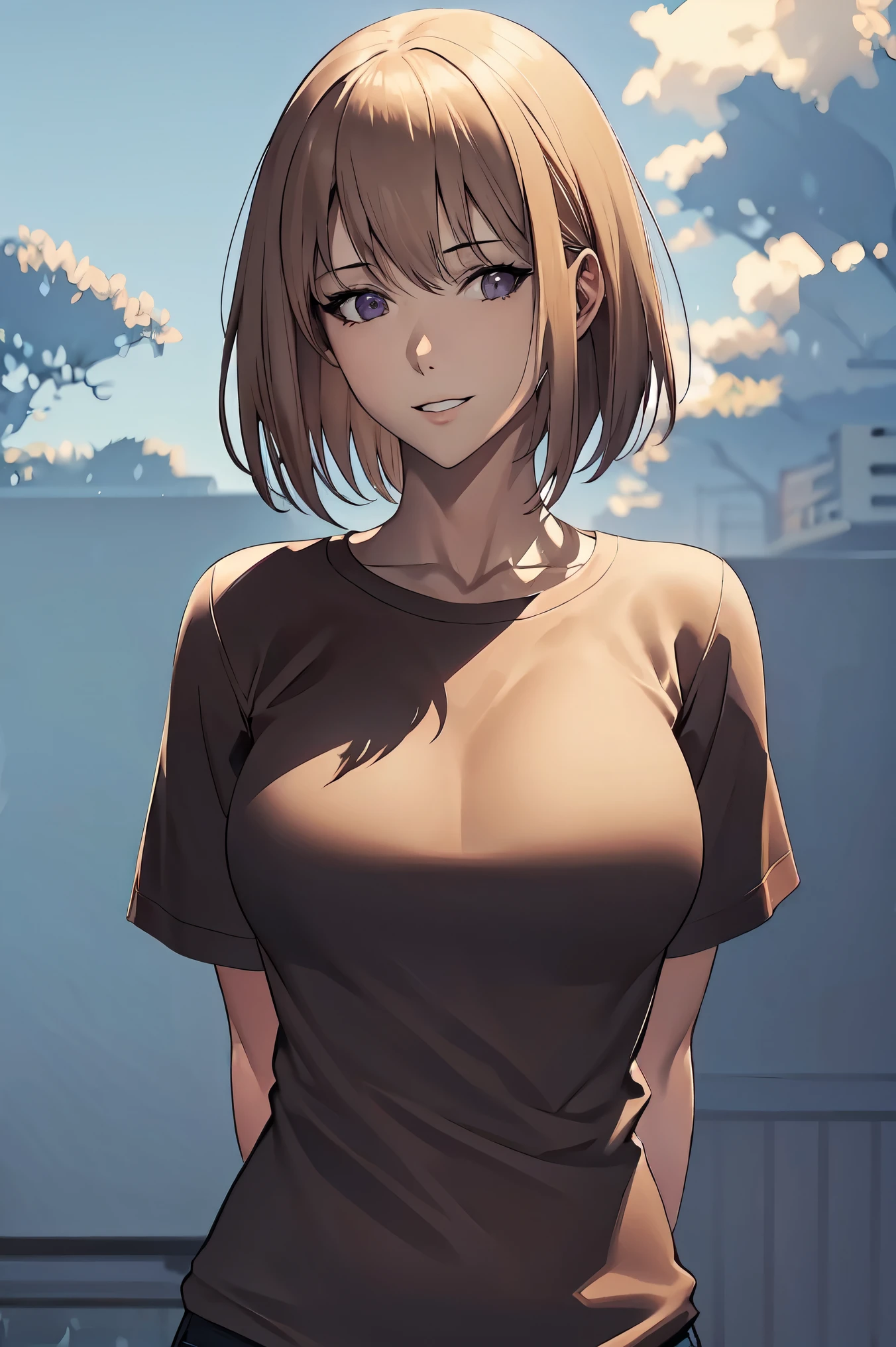 solo, 1girl, parted lips, cha hae-in, purple eyes, expressive eyes, perfect face, 
BREAK (white shirt, short sleeves, sweater, brown sweater:1.2),
BREAK slight smile、cute smile、cloudy liquid,((arms behind back:1.5)),
BREAK Cafe background, 
BREAK best quality, masterpiece, highres,  (perfect hands, perfect anatomy),(intricate details, masterpiece, 8k, UHD, highres),