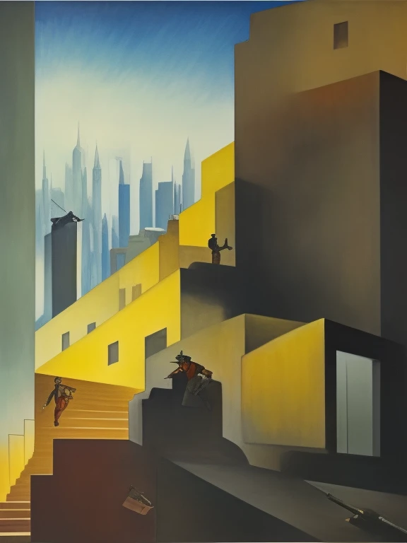 stairs，Painting of a street with buildings，George Ort，There are weapons，war，，Surrealism画作，World War II，Surrealism