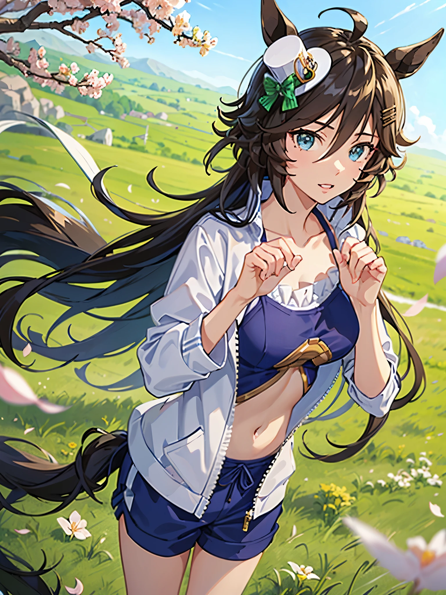(8k, RAW photos, top quality, masterpieces), (solo, 1 girl, ahoge: 1.2) , Chinese ink painting, horse girl, glint, horse ears, horse girl, five fingers, dynamic lighting, High resolution, sharp focus, depth of field, fashionable, elegance, charming, seductive, gorgeous, stunning, lovely, charming, cute, beautiful detailed face, beautiful detailed eyes, soft expression, slim Beautiful figure, curvaceous, hourglass shape, moderate bust, slender arms, graceful hands, delicate fingers, slim wrists, elegant neck, smooth skin, dynamic angle, perfect composition, Mr. C.B. (umamusume), hat,tail, midriff, navel, bangs, jacket, breasts, strapless, ahoge, long hair, mini hat, horse ears, top hat, mini top hat, brown hair, hair ornament, very long hair, medium breasts, Short tank top, light blue tank top, yellow shorts, training wear, grassland, blue sky, cherry blossoms in full bloom,hand on hip,cowboy shot,from above,soft focus