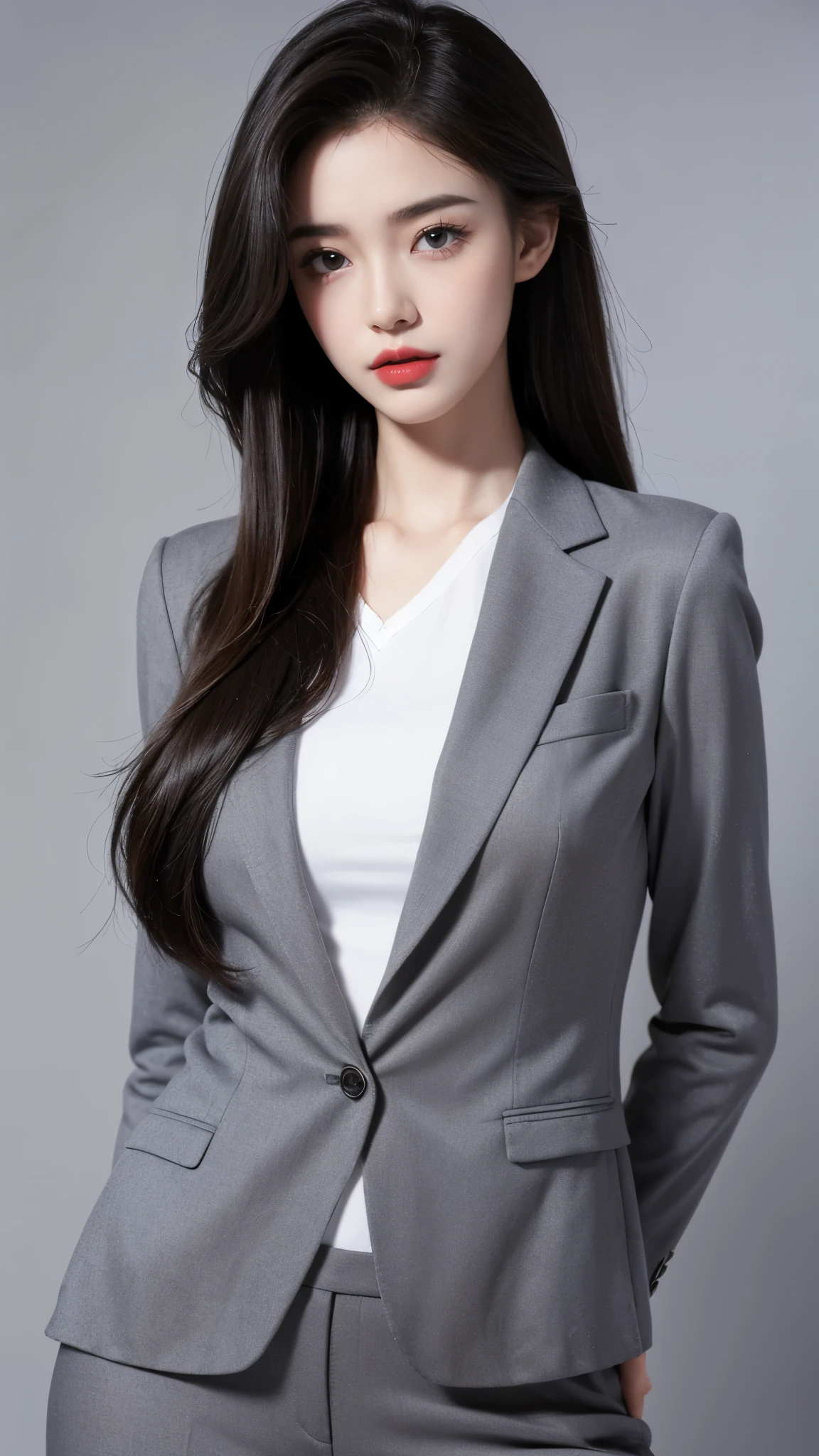((Half body photo)), 1girl,solo，masterpiece，best quality，high resolution，8K，(portrait)，real picture，Photographic grade，20 year old girl，Random hairstyle，red lips，Keep your mouth beautiful and attractive，Half body photo，Serious and arrogant，(Women&#39;s business suit，white)，photo poses，Realistic style，gray background，Half-length photo