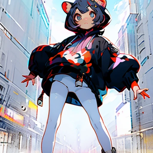Full body picture, black kemonomimi hoodie, white leggings,