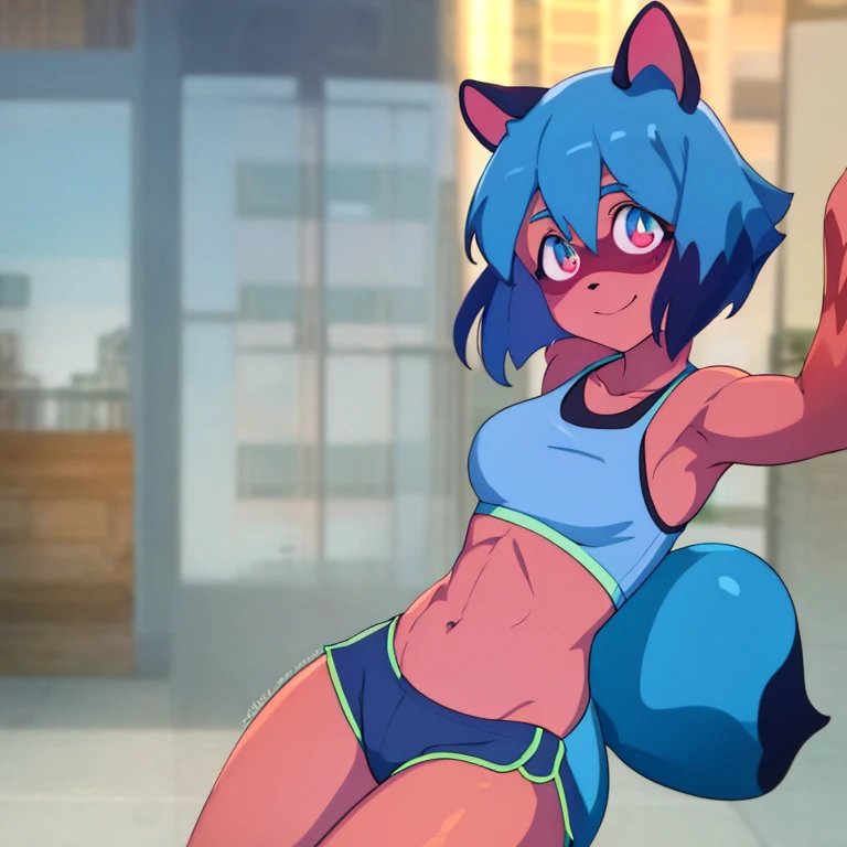 Art by lewdzure, Michiru Kagemori (Brand New Animal), furry futanari, bushy tail, pose, big penis bulge under clothing and testicles under clothing, swimsuit, one-piece swimsuit, navel, wet, from below, one-piece swimsuit pull, solo focus, clothes pull, blue one-piece swimsuit