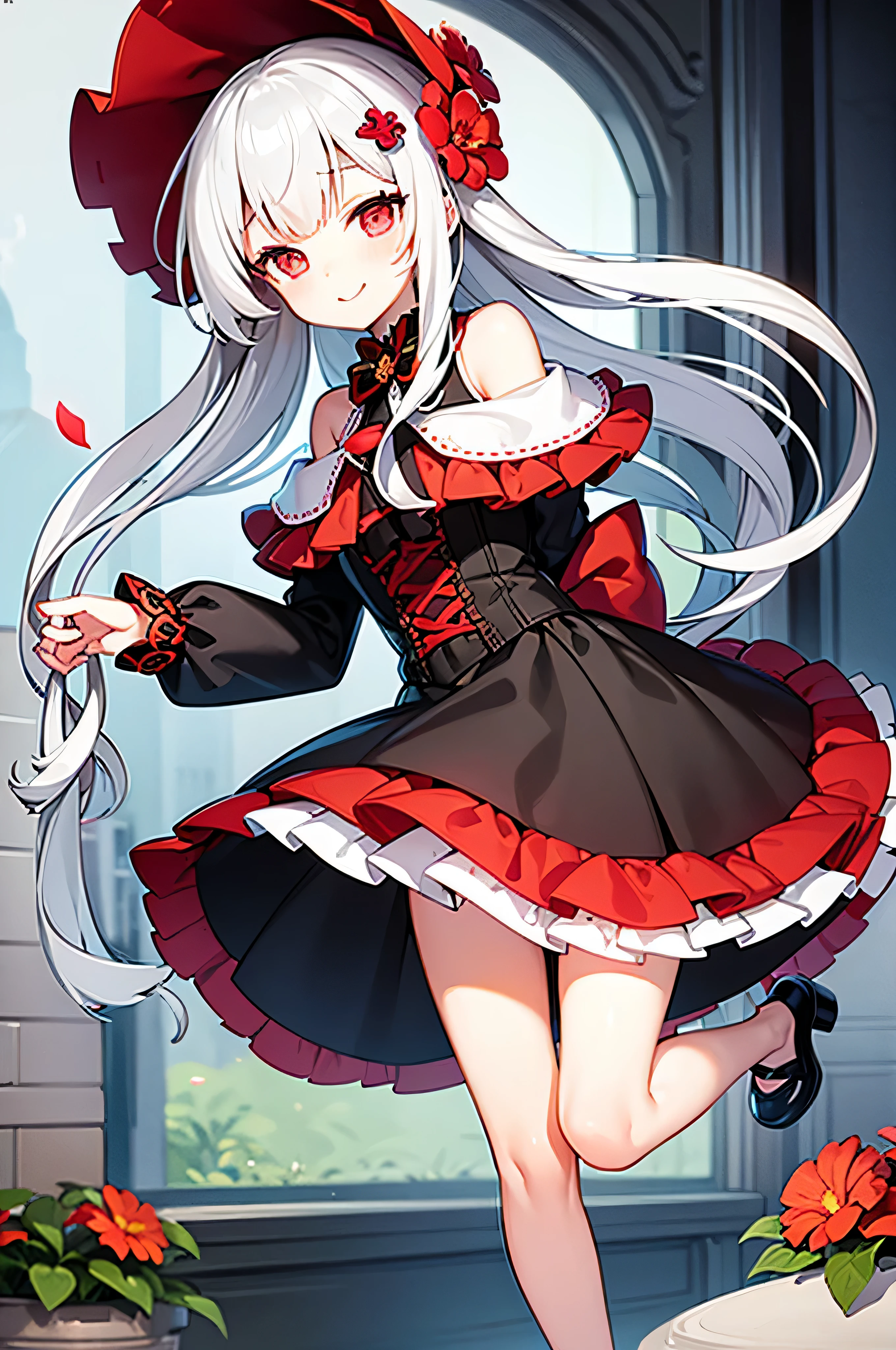 masterpiece, best quality, 1girl, solo, long_hair, looking_at_viewer, white hair, red eyes, smile, bangs, skirt, shirt, long_sleeves, hat, dress, bow, holding, closed_mouth, flower, frills, hair_flower, petals, bouquet, holding_flower, center_frills, bonnet, holding_bouquet, tachi-e, full body, white background, 