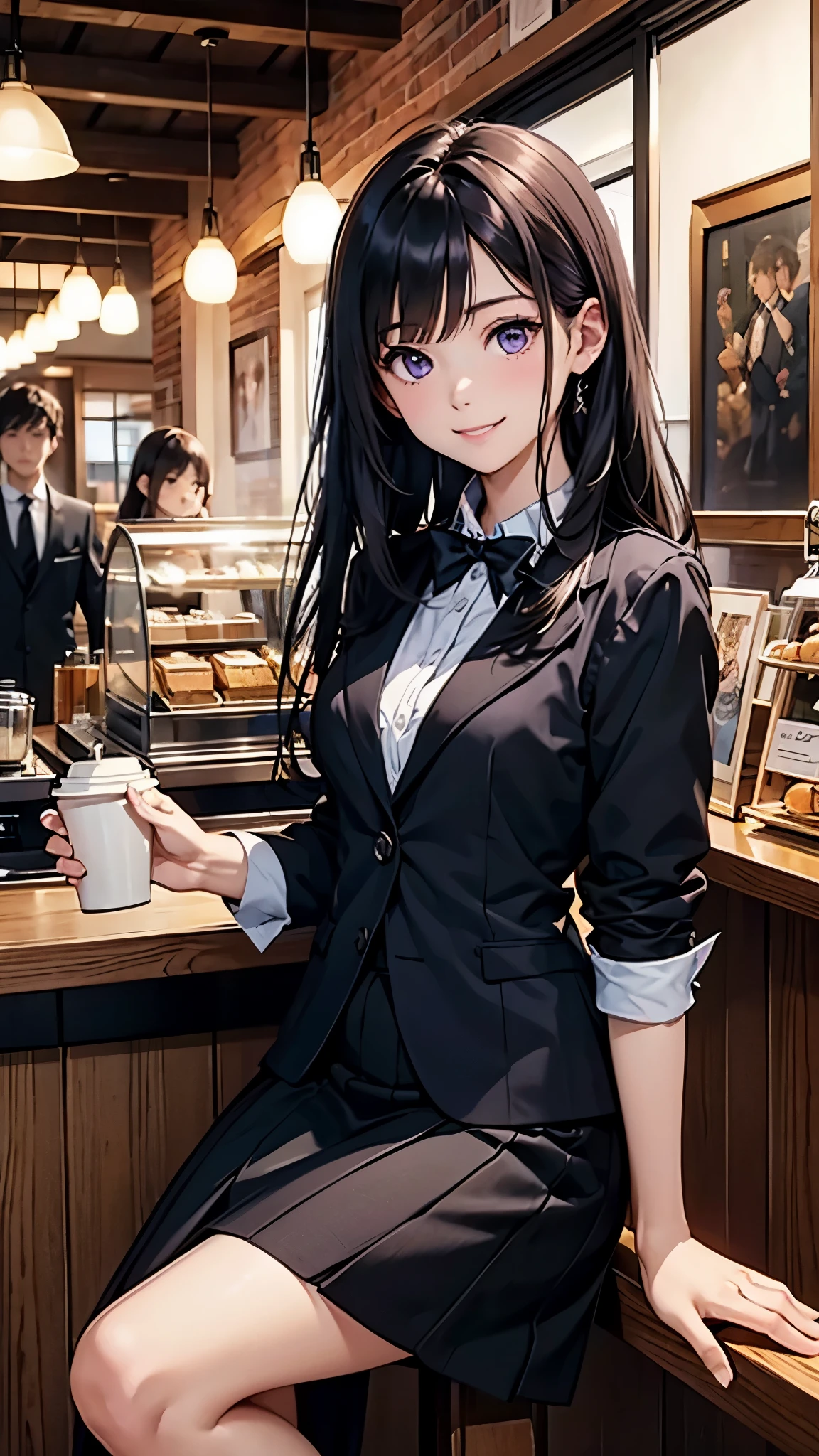 (最高masterpiece, highest quality,official art),(attractive woman),((masterpiece, highest quality))、 woman alone、((28 years old))、((Head to knee))、attractive woman、smile、purple eyes、black hair、bangs、Half-up hairstyle、black suit、black long skirt、black bow tie、 coffee shop、aerial perspective、great illustrations、Light、Light、Light、