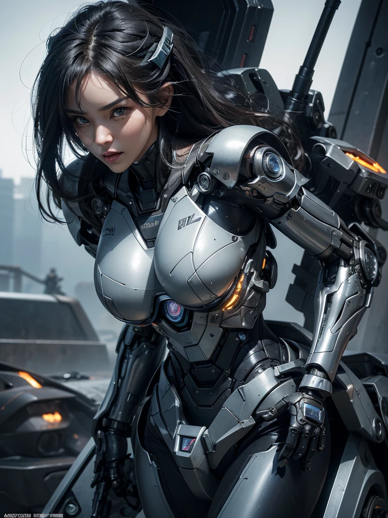 Textured skin, Super Detail, high details, High quality, Best Quality, hight resolution, 1080p, hard disk, Beautiful,(cyborgs),Boob missiles,Machine gun on the back,beautiful cyborg woman,Mecha Cyborg Girl,Battle Mode,Girl with a Mecha Body,Fulll body Shot