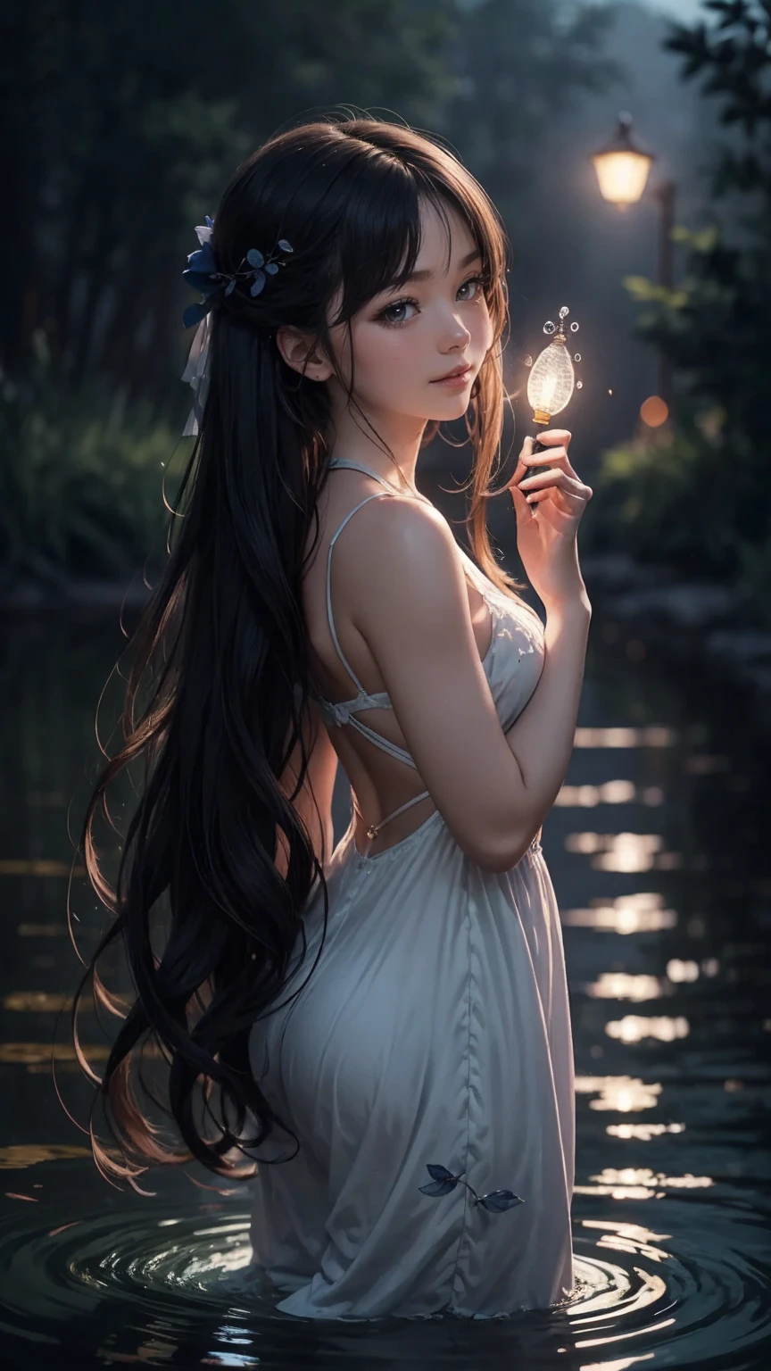 woman, beautiful,long hair,not wearing clothes,chest,In a salty pond filled with gossamer fibers,not wearing underwear,beautiful,Open your legs wide.,pussy