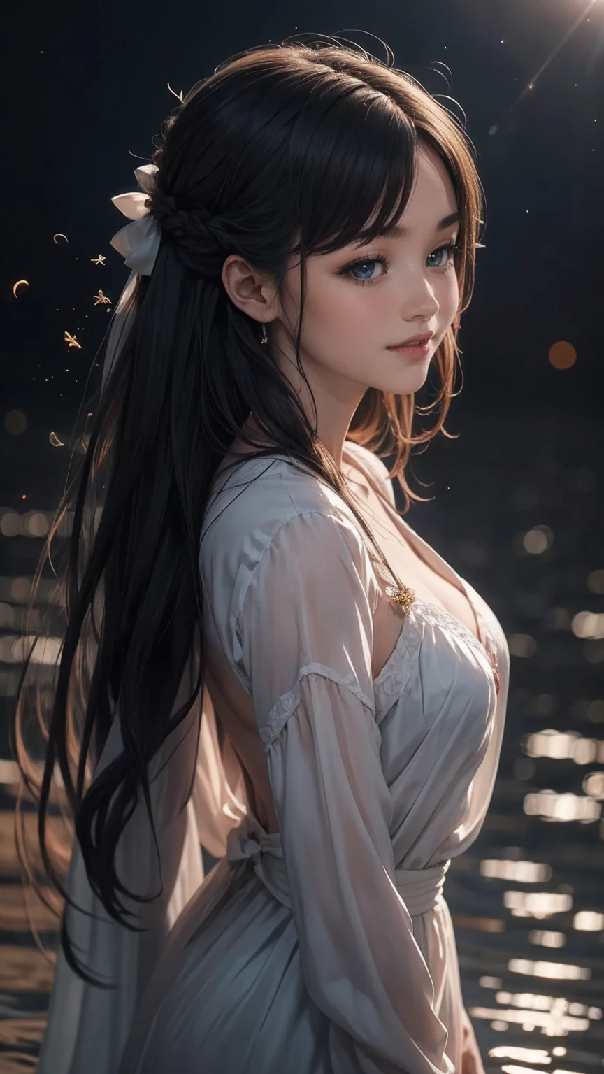 zrpg style, from_side from_Under a beautiful woman made of water (expression of sadness:1.2) woman with (long water hair:1.2) 水from立ち上がる苔の煙の蔓、fireflies stirring the water、Midnight Moonlight、Backlight (masterpiece:1.2) (highest quality) (be familiar with) (Complex) (8K) (HDR) (wallpaper) (cinematic lighting) (sharp focus)、Grinning((light smile))