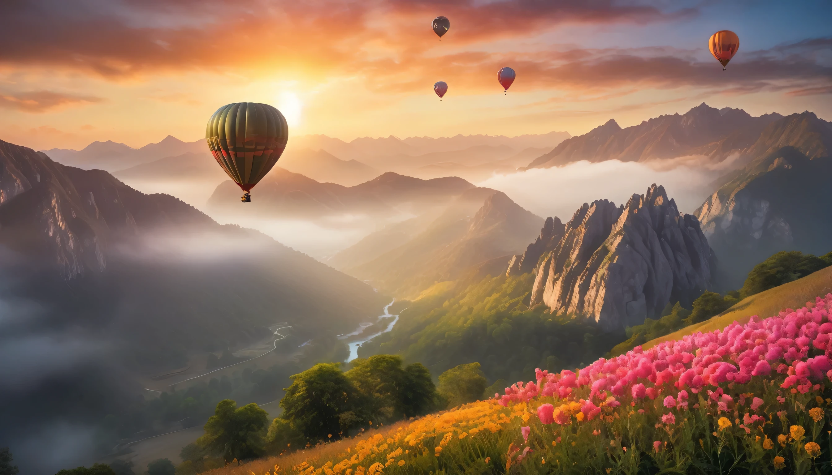 "A hot air balloon slowly ascends from between the peaks of mountains, revealing their contours under the soft glow of the pre-sunrise light. The top of the hot air balloon is adorned with various flowers and brightly colored balloons, surrounded by a hint of mist. The entire scene has a gentle color palette, with exquisite attention to detail. The different trees, grasses, and rocks among the mountain peaks are accurately depicted, creating a realistic play of light and shadow.  (best quality, 4k, highres, masterpiece:1.2), ultra-detailed, (realistic, photorealistic, photo-realistic:1.37), HDR, vivid colors, studio lighting, bokeh, delicate brushstrokes, precise textures, serene atmosphere, ethereal scenery, lifelike mountain range, dynamic clouds, subtle gradients, breathtaking dawn, mesmerizing landscape, tranquil mood, dreamlike ambiance, vibrant flora, majestic peaks, peaceful journey, awe-inspiring beauty."
