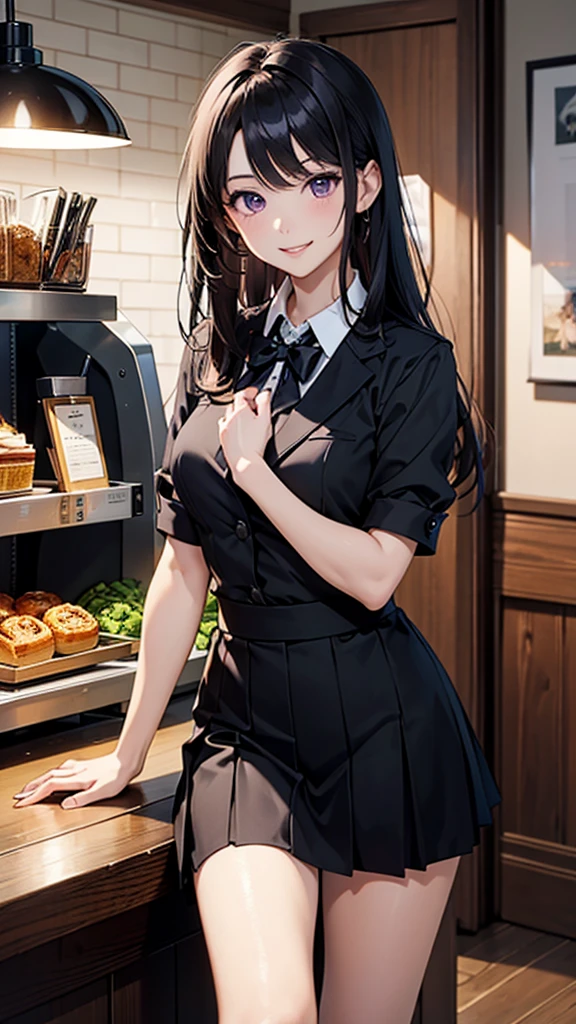 (最高masterpiece, highest quality,official art),(attractive woman),((masterpiece, highest quality))、 woman alone、((28 years old))、((Head to knee))、attractive woman、smile、purple eyes、black hair、bangs、Half-up hairstyle、black suit、black long skirt、black bow tie、 coffee shop、waitress、aerial perspective、great illustrations、Light、Light、Light、