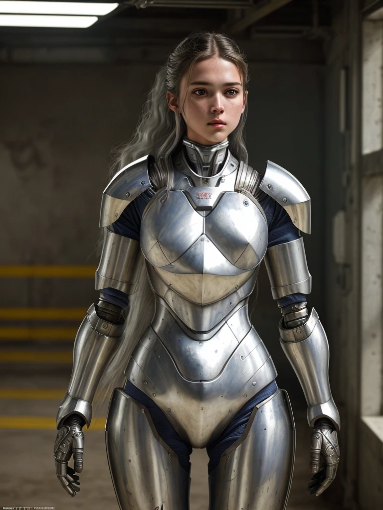 (RAW photo, 4k, masterpiece, high res, extremely intricate) (photorealistic:1.4), cinematic lighting 1girl, solo focus, summer noon, hot, 1990s \(style\),cowboy shot,indoors,the upper part of the body, masterpiece, best quality, masterpiece,best quality,official art,extremely detailed CG unity 8k wallpaper, beautiful detailed eyes, artbook, photo, real, realistic, futuristic knight, (silver, long hair), mecha girl, mechanical parts, space station, Expressive Hues, Vibrant Palette,B lack and white clothes,