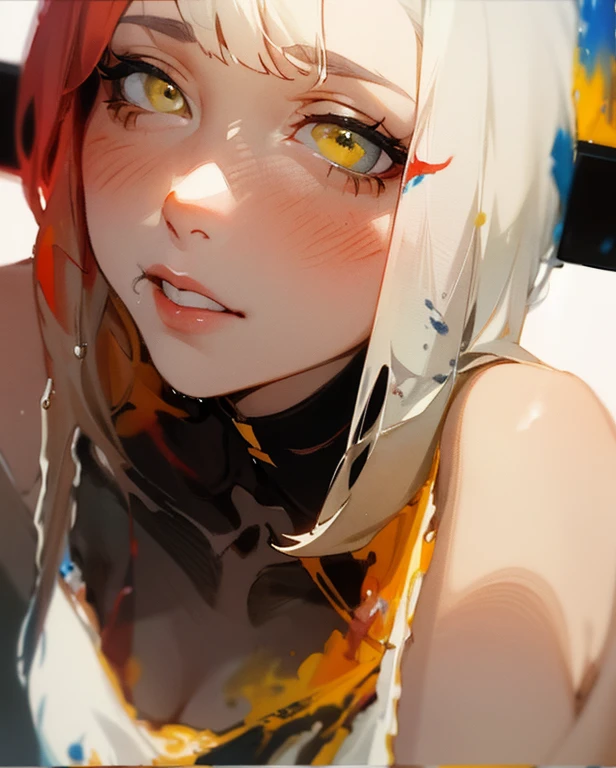 Stunningly beautiful young woman sitting in a street cafe in Paris, Portrait by Willem Henraets, watercolor, Wet-on-wet and splatter techniques, in the center, perfect composition, abstraction, surrealism,master piece,Paint the trajectory(Paint Trails), Applying stains, Dirty Art, black and yellow paint,sharp focus, 8K, high resolution resolution, figure, Carne Griffith and Vadim Kashin, white background