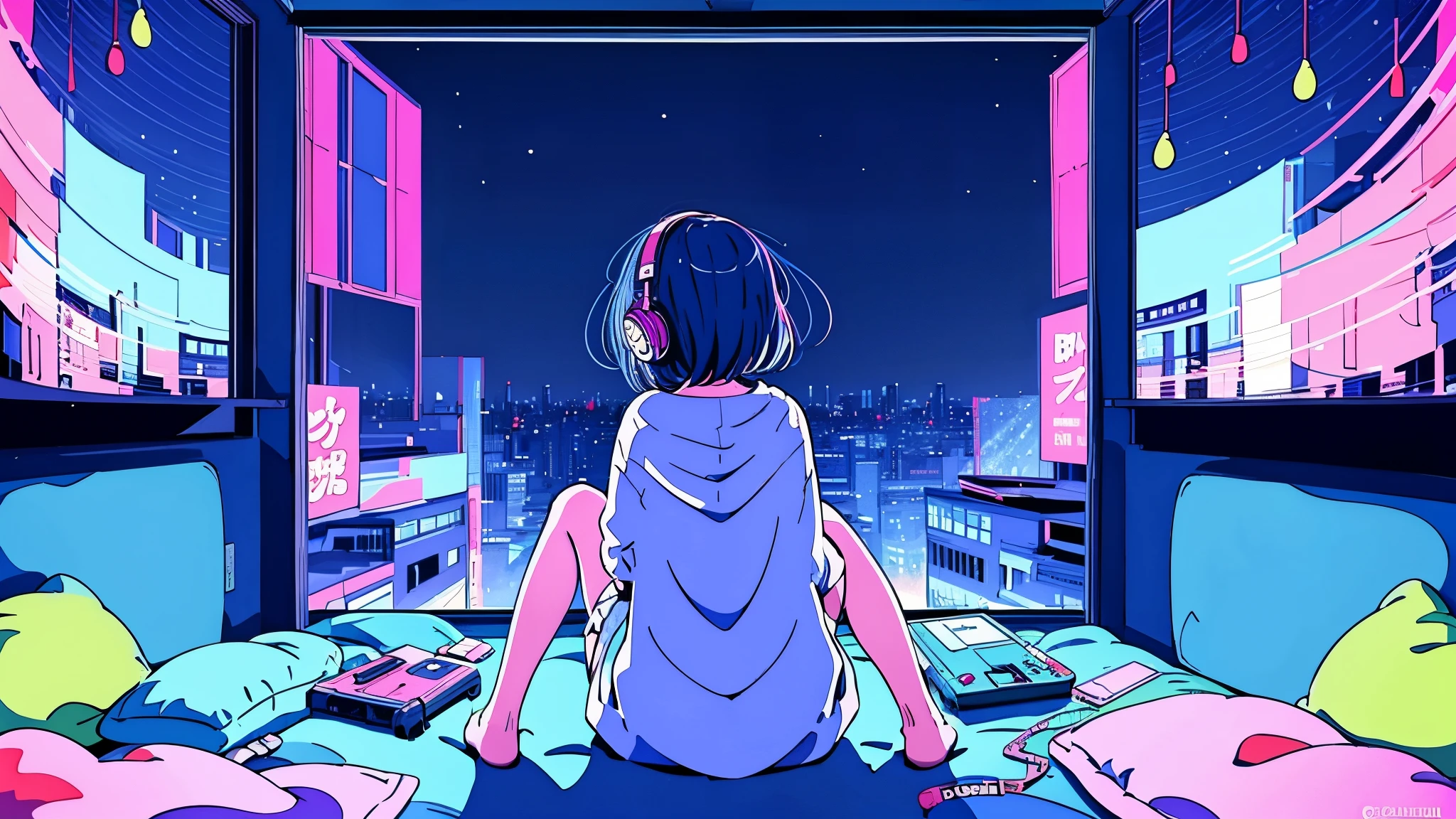 (from behind), Girl listening to music with headphones on bed、anime girl, Girl listening to music in a cozy room (night), Using headphones, on the roof, (beautiful night views from windows), Lots of things, 2D anime style, The aesthetics of anime in the 90s, lo-fi, very detailed, hard disk, A mix of anime style and Fujifilm, surreal, 8K, masterpiece