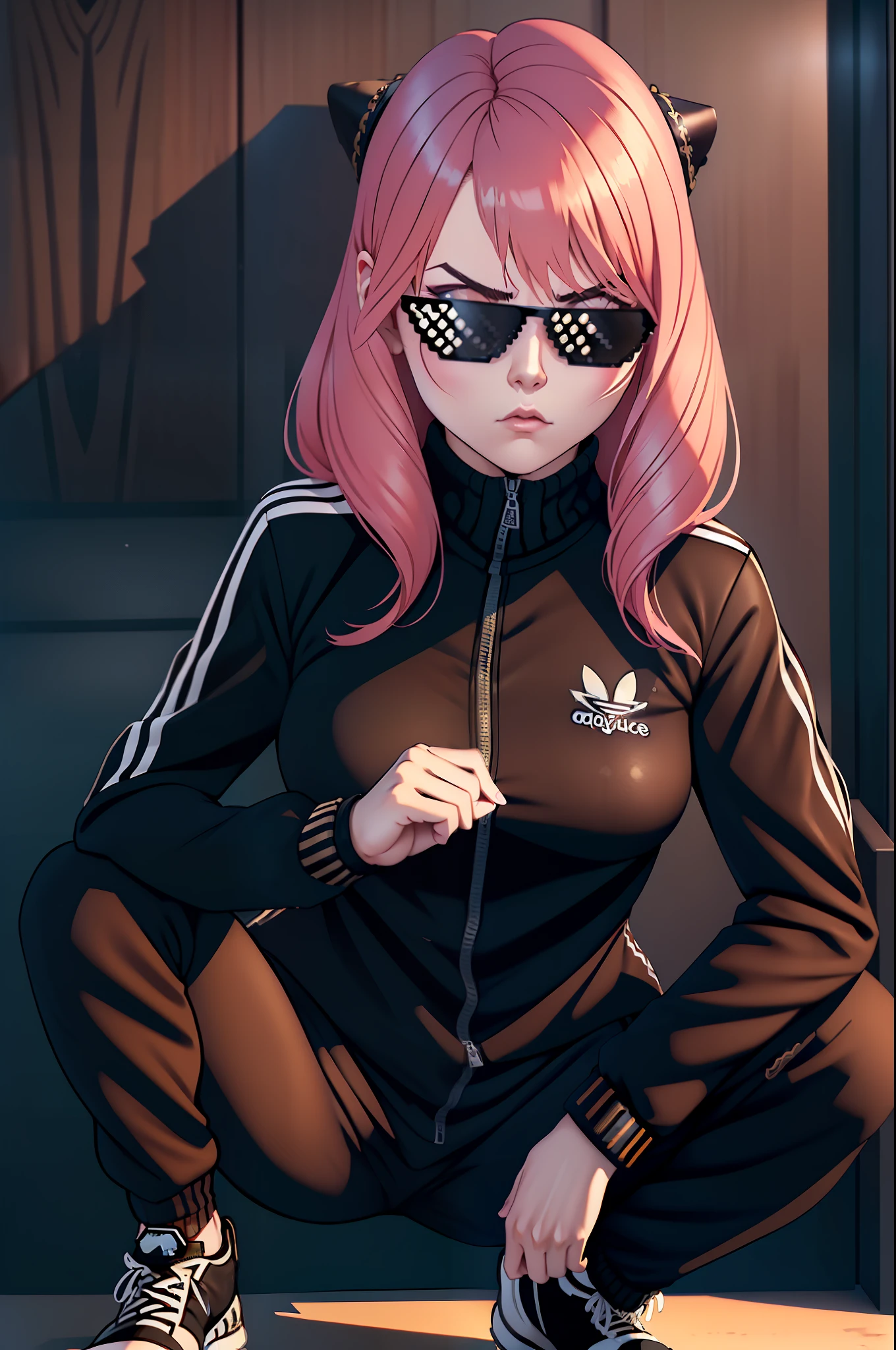 (best quality,ultra-detailed,realistic:1.37) fullframe , a very confidant badass arrogant cocky boss bitch attitude 1 solo (Anya\(SPYXFamily\)) , wearing fully zipped adidas tracksuit slav squatting with both of her hands in her pants pockets with a mean face with a bottle of whisky next to her incrsdealwithit sunglasses